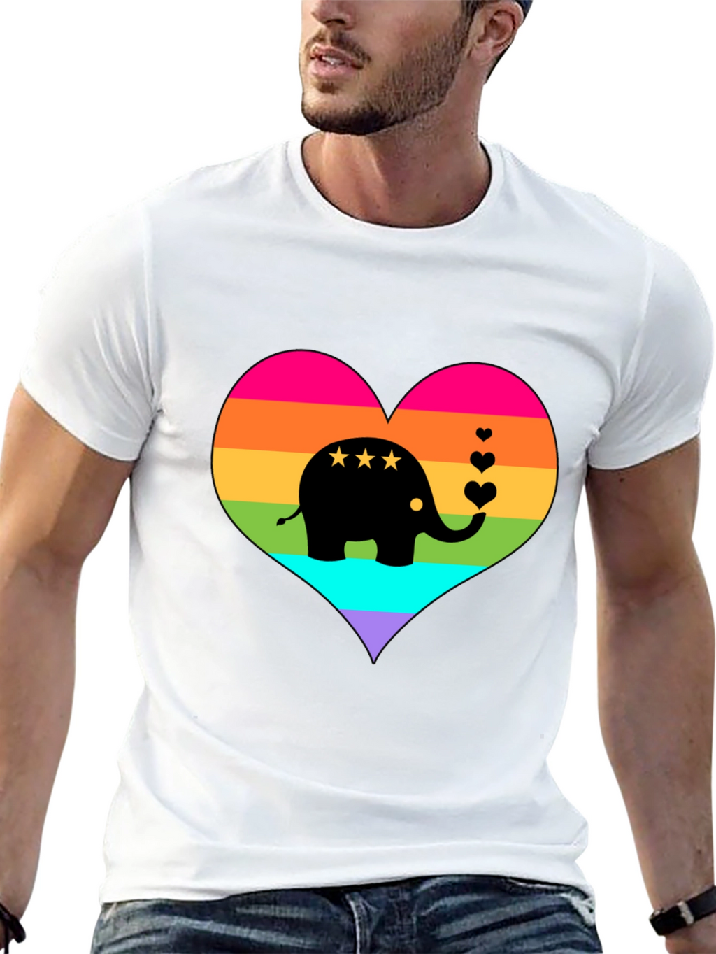 Rainbow Heart Elephant Black T-Shirt