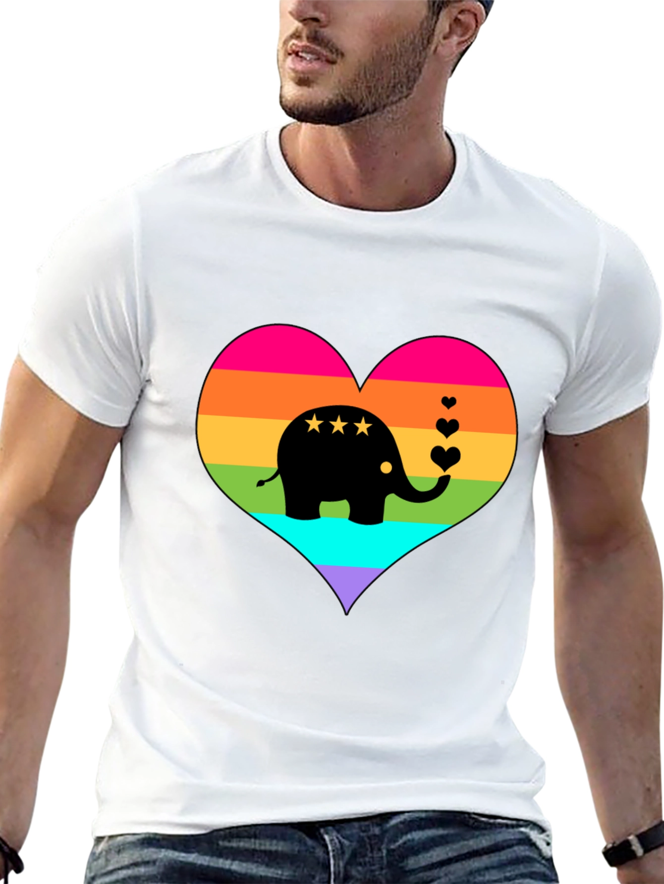 Rainbow Heart Elephant Black T-Shirt