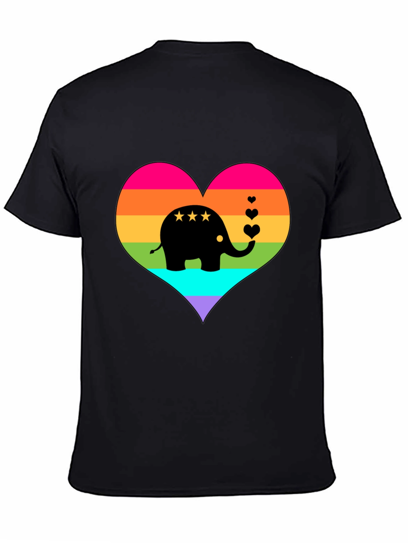 Rainbow Heart Elephant Black T-Shirt
