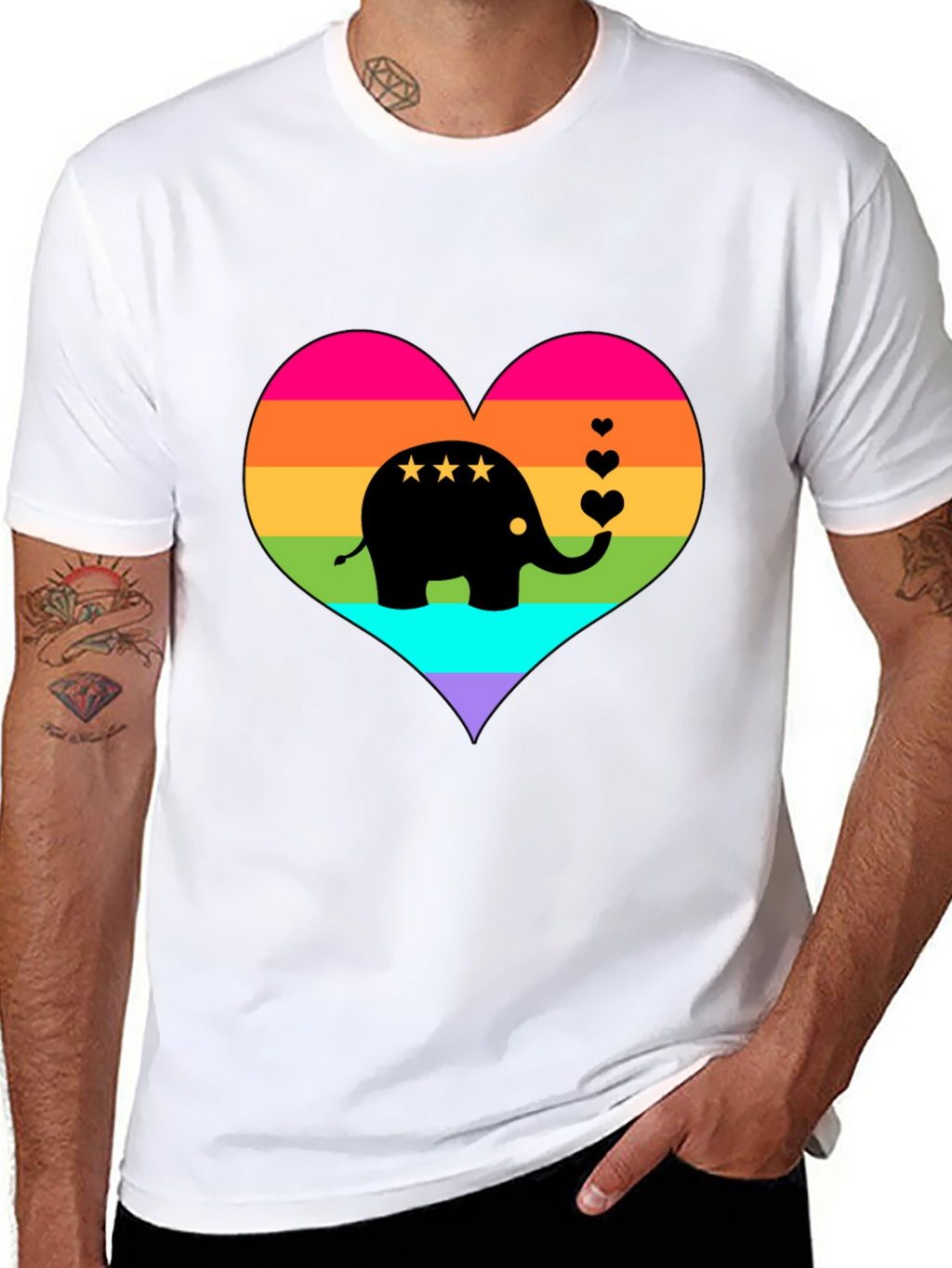 Rainbow Heart Elephant Black T-Shirt
