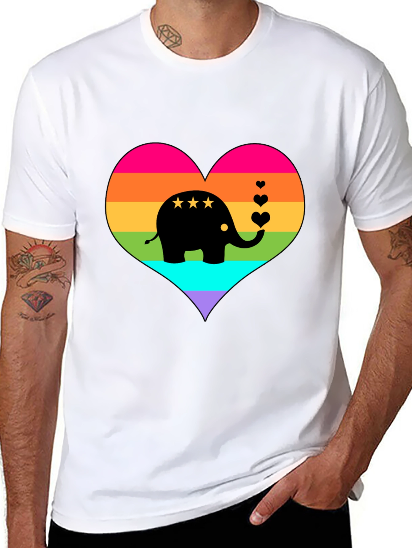 Rainbow Heart Elephant Black T-Shirt