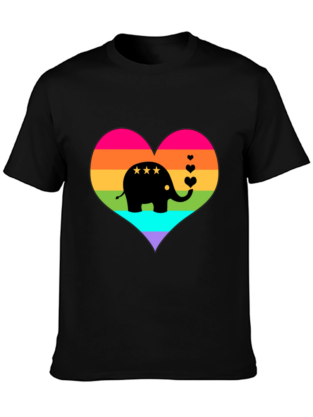 Rainbow Heart Elephant Black T-Shirt