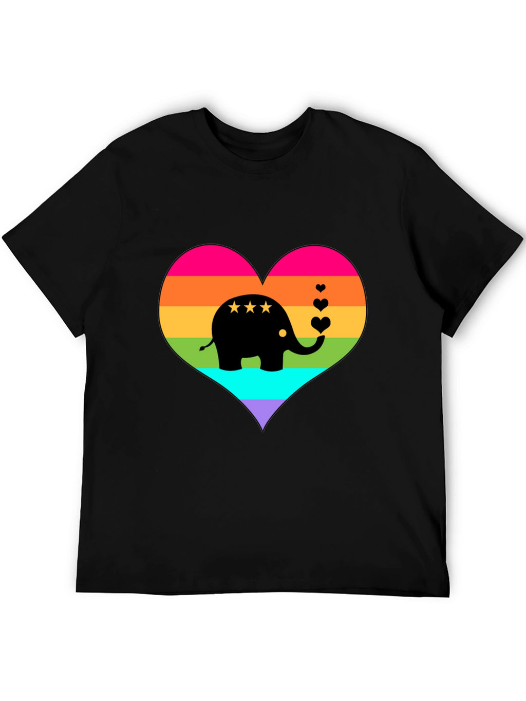 Rainbow Heart Elephant Black T-Shirt