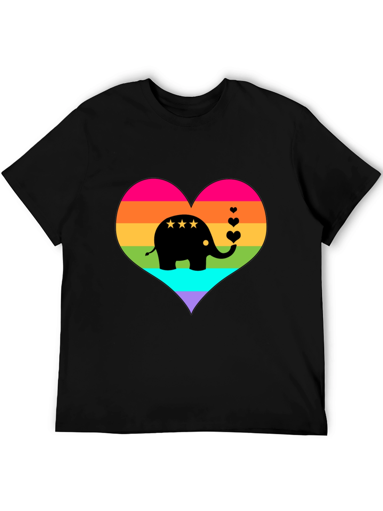 Rainbow Heart Elephant Black T-Shirt