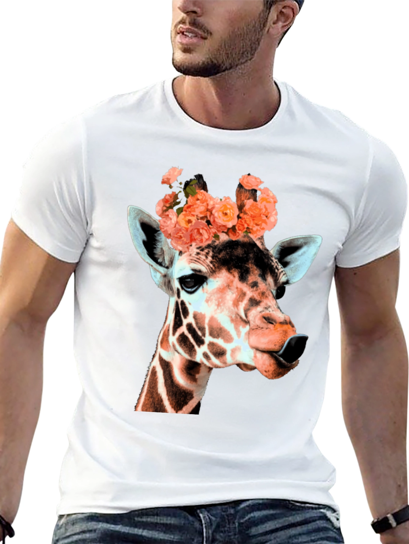 Giraffe with Flowers Graphic T-Shirt