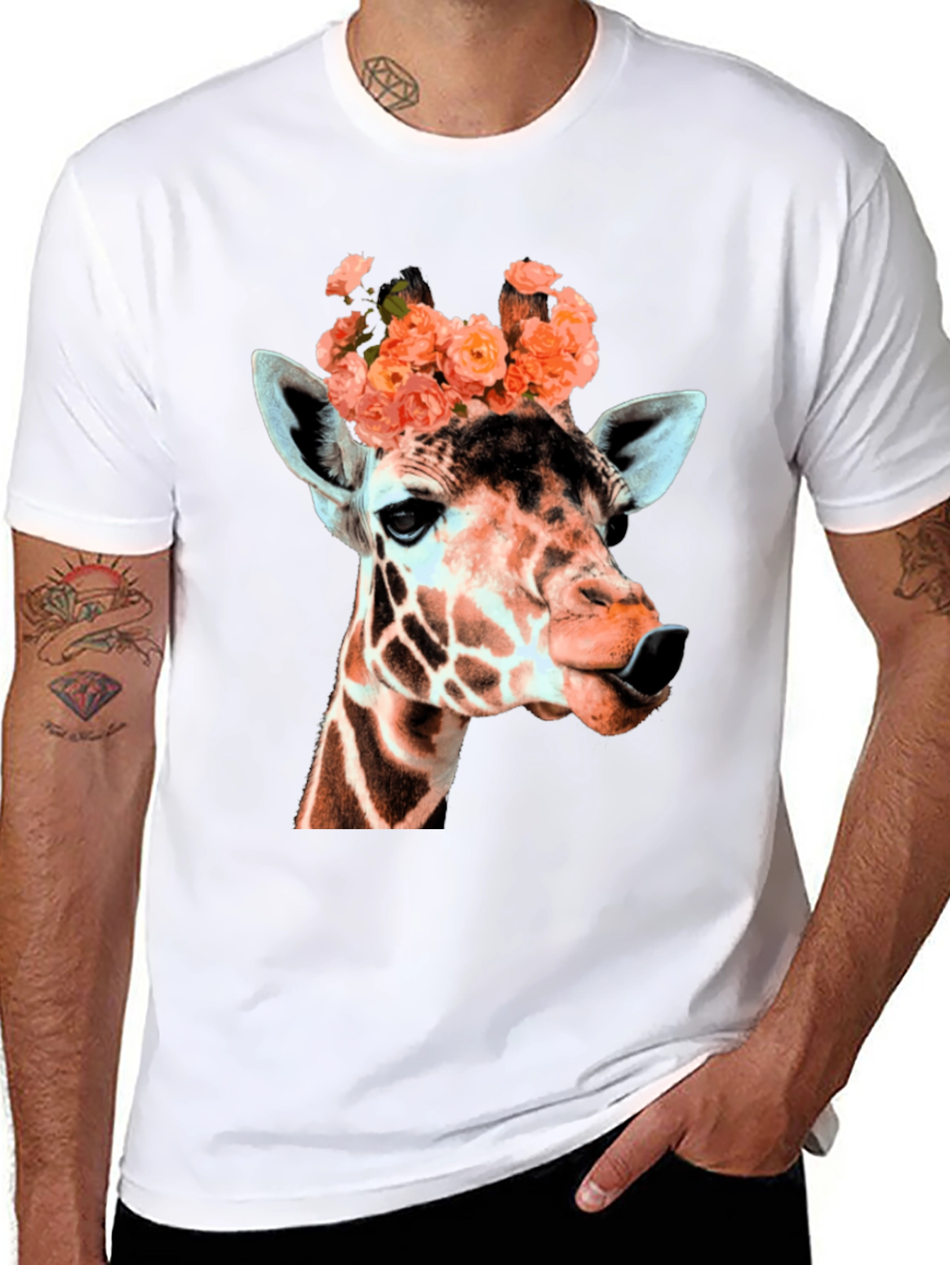 Giraffe with Flowers Graphic T-Shirt