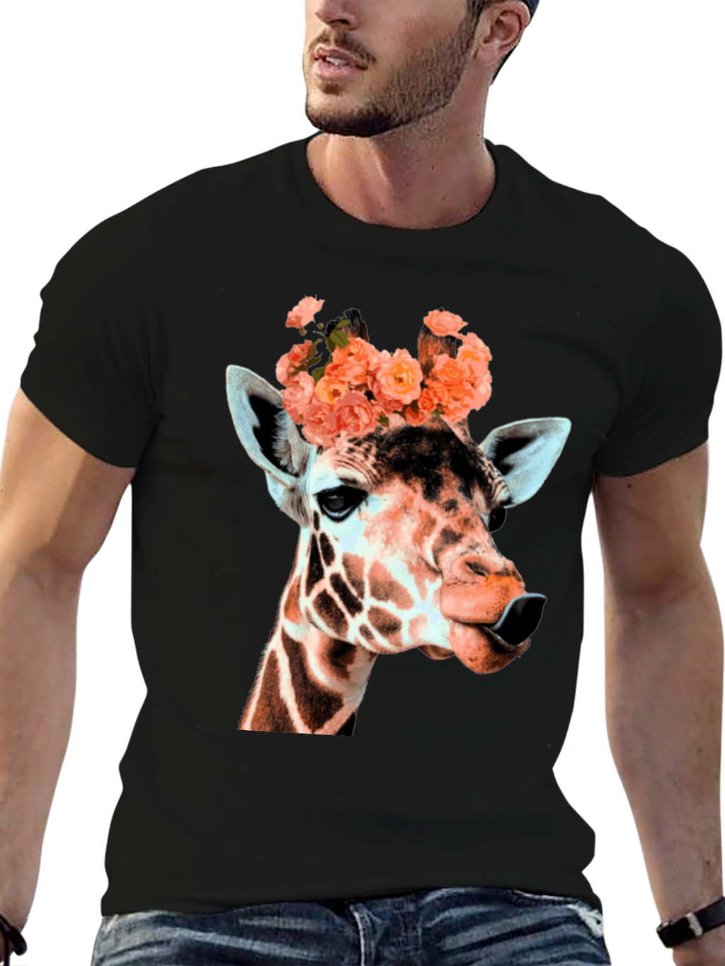 Giraffe with Flowers Graphic T-Shirt