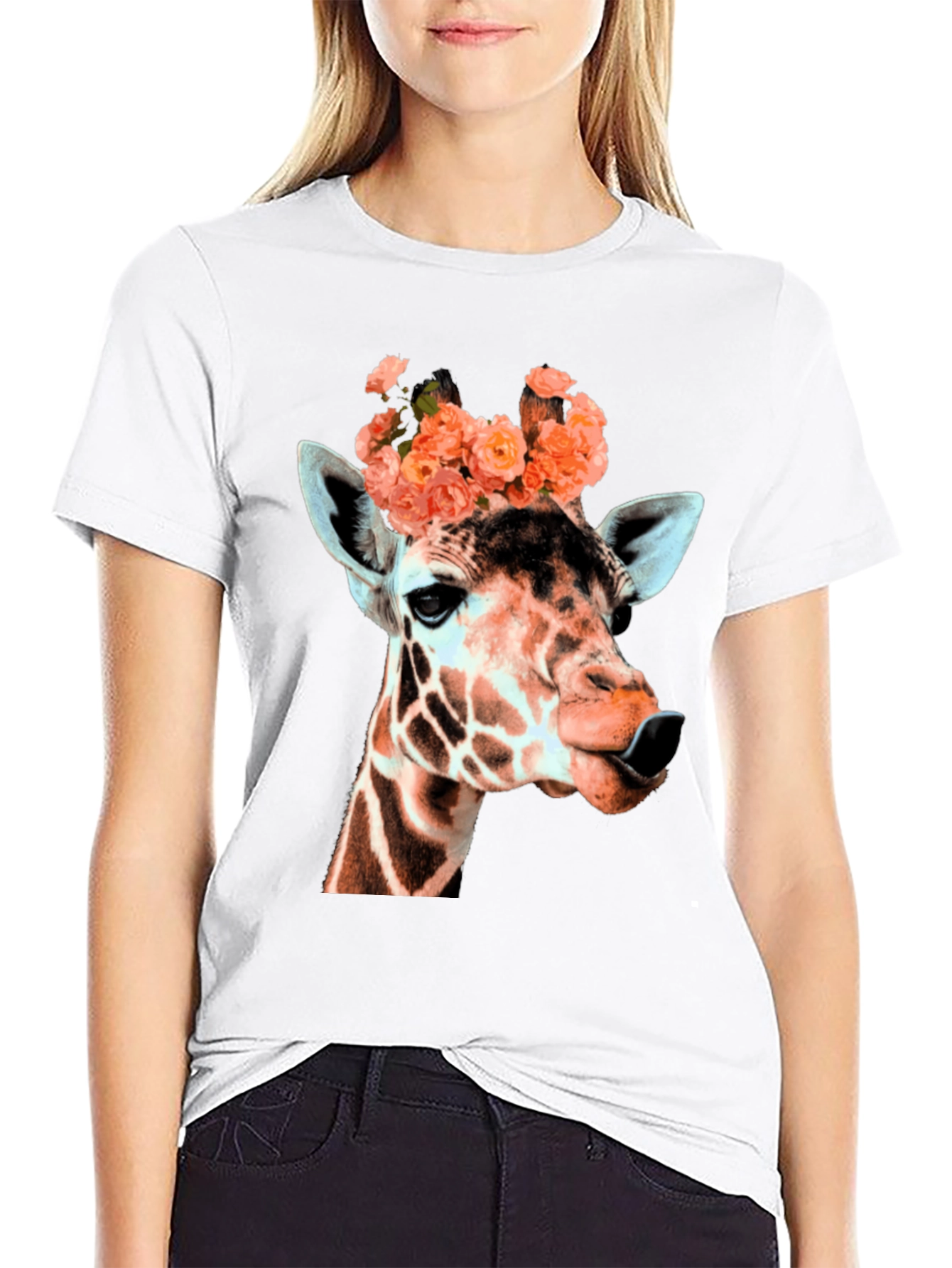 Giraffe with Flowers Graphic T-Shirt