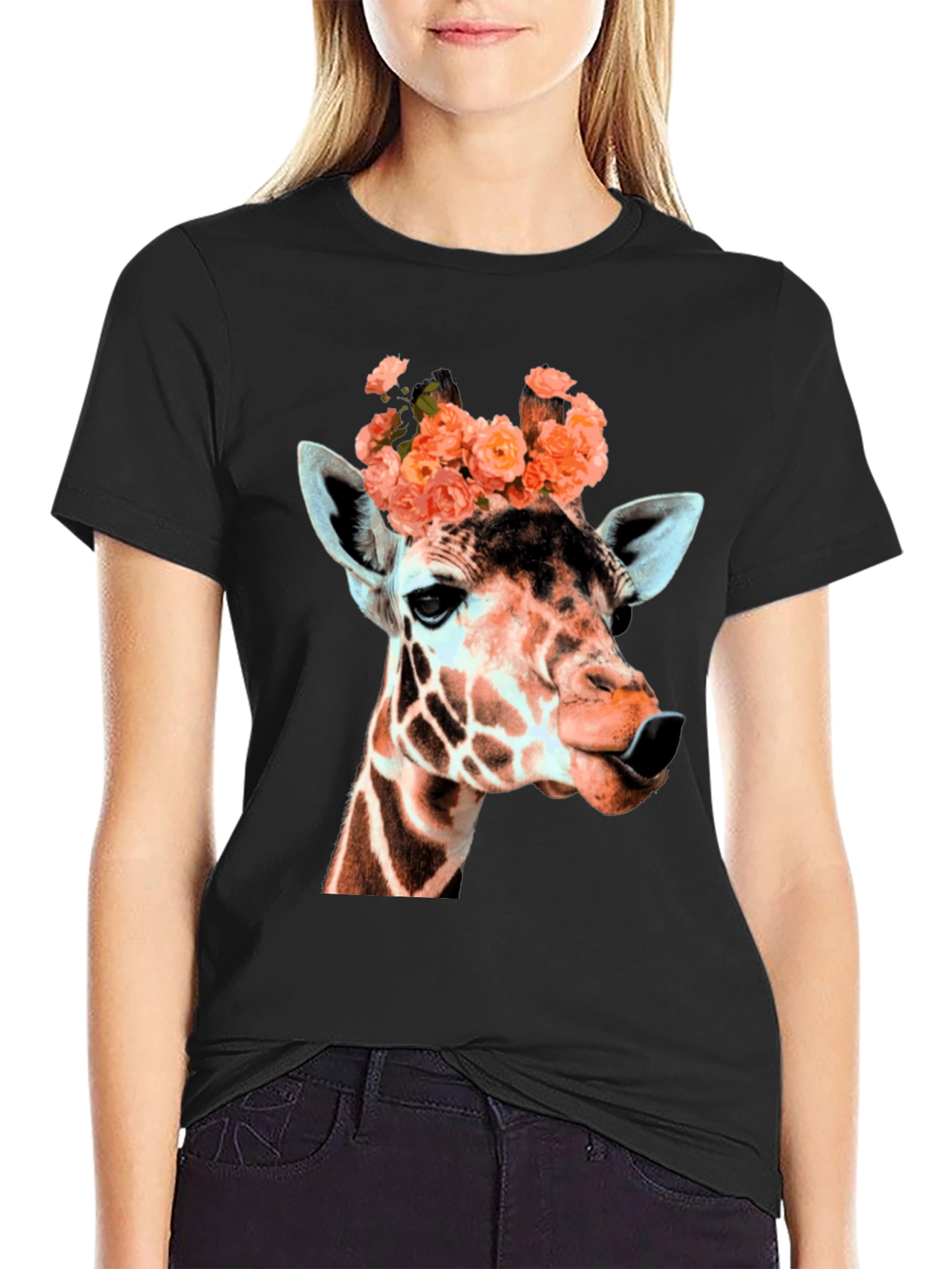 Giraffe with Flowers Graphic T-Shirt