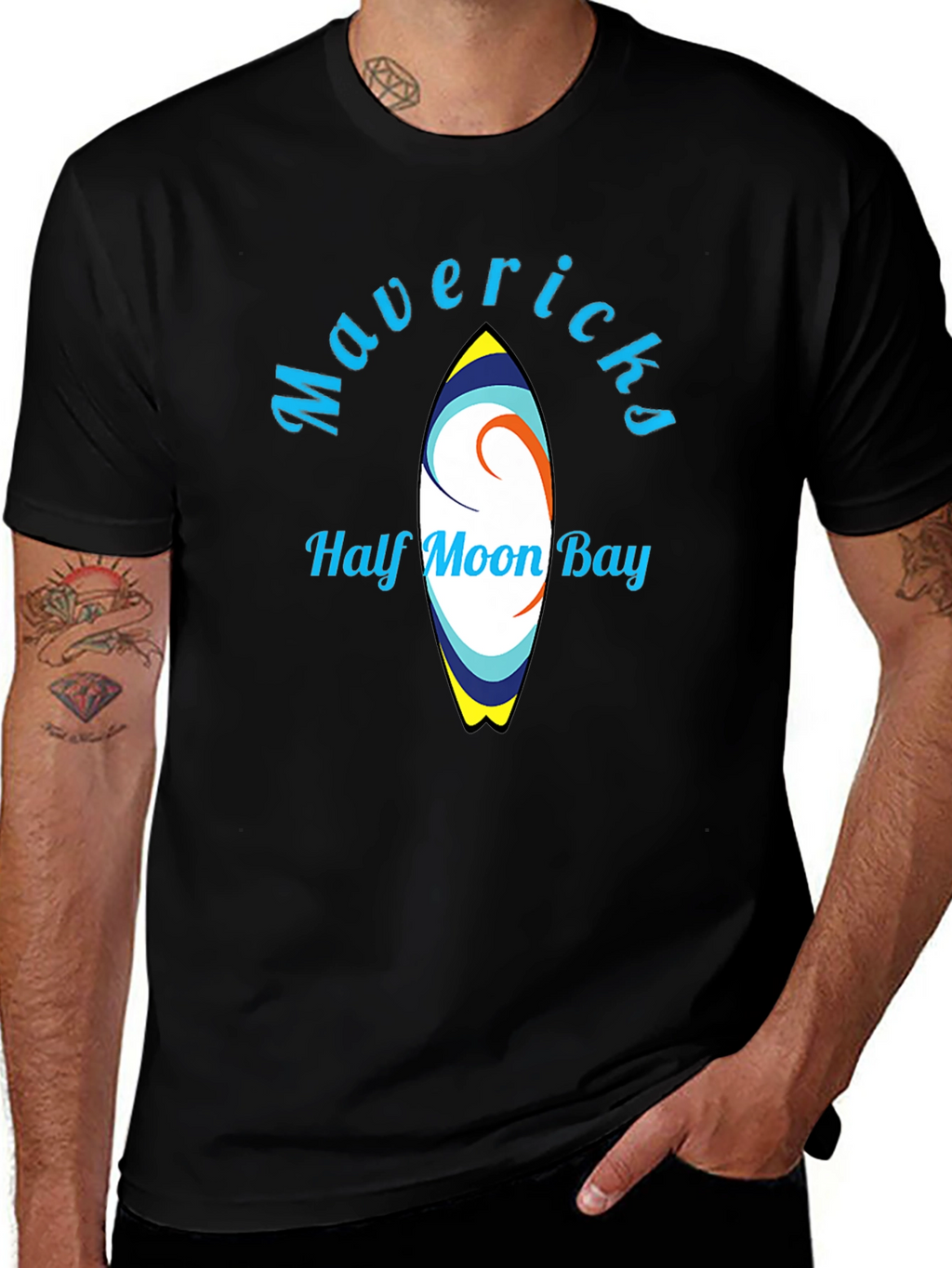 Mavericks Half Moon Bay Surfboard Black T-Shirt