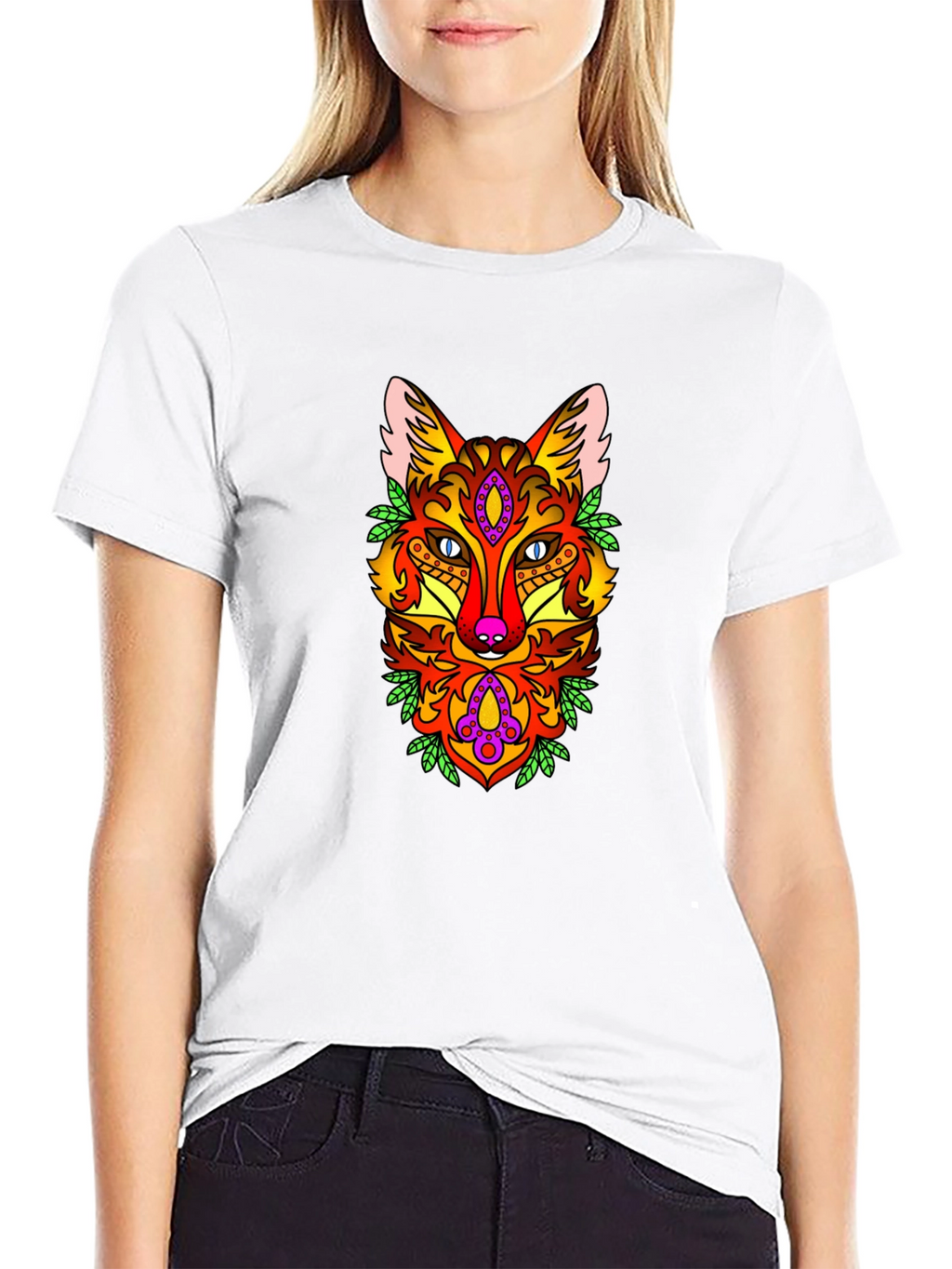 Psychedelic Fox Graphic Print Black T-Shirt