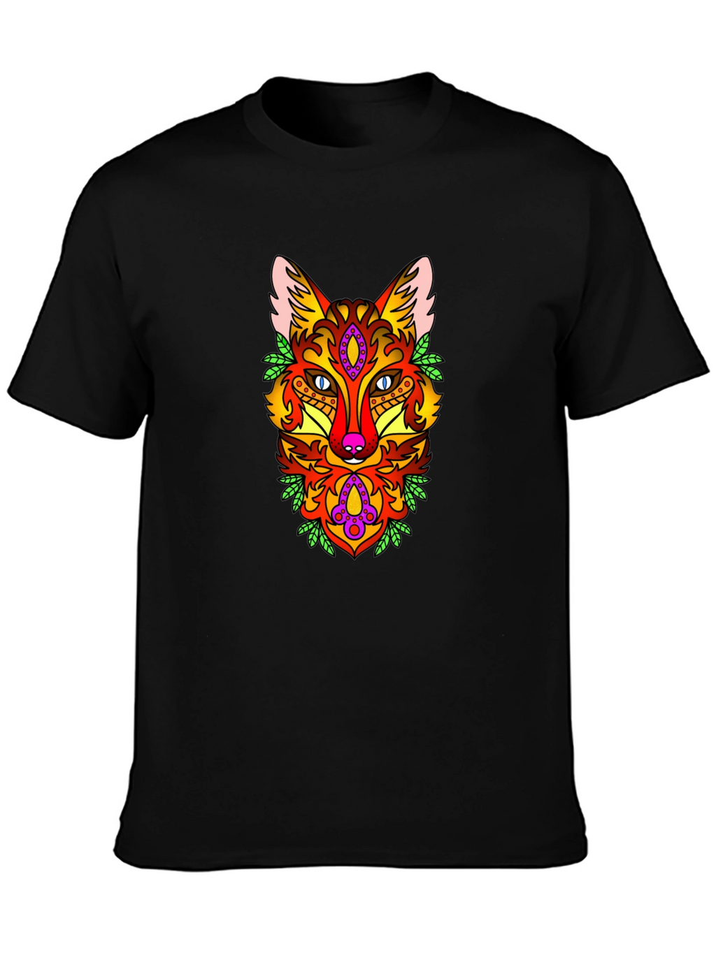 Psychedelic Fox Graphic Print Black T-Shirt