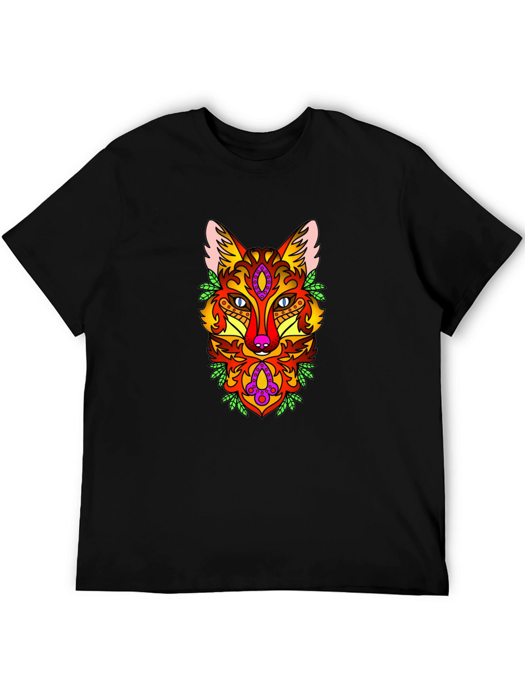 Psychedelic Fox Graphic Print Black T-Shirt