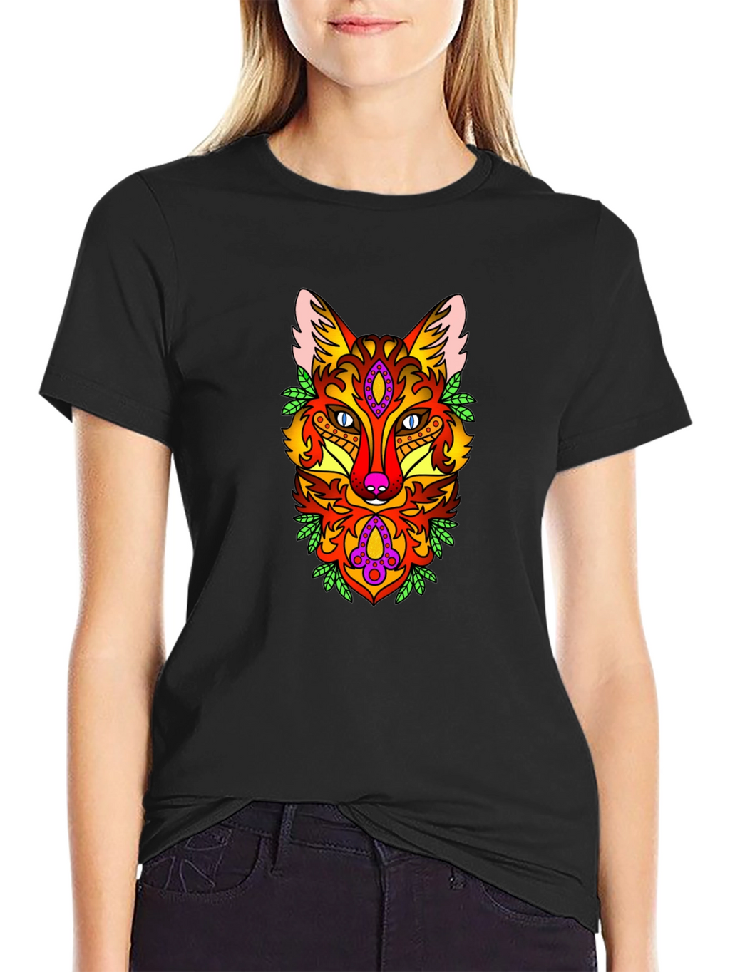 Psychedelic Fox Graphic Print Black T-Shirt