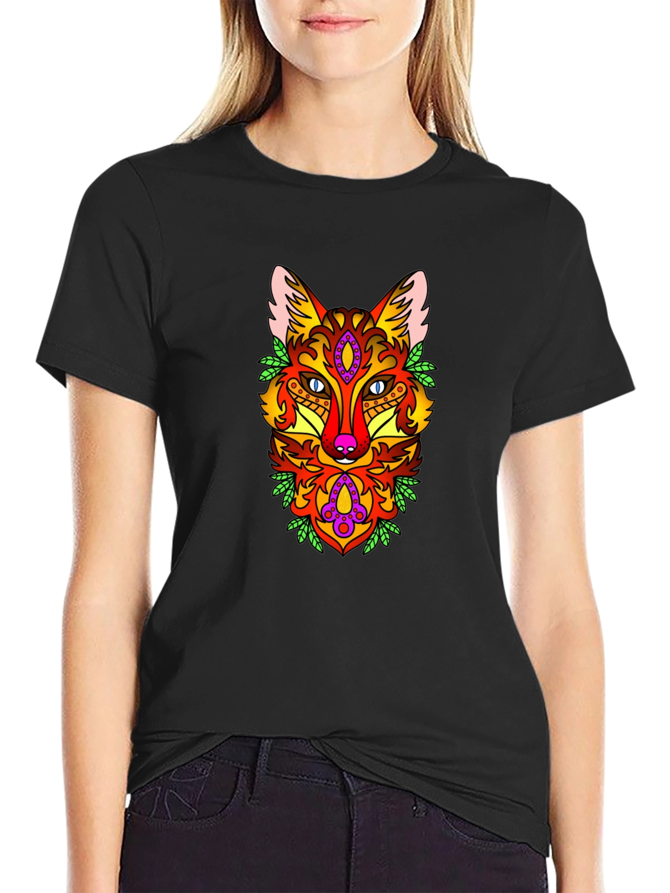 Psychedelic Fox Graphic Print Black T-Shirt