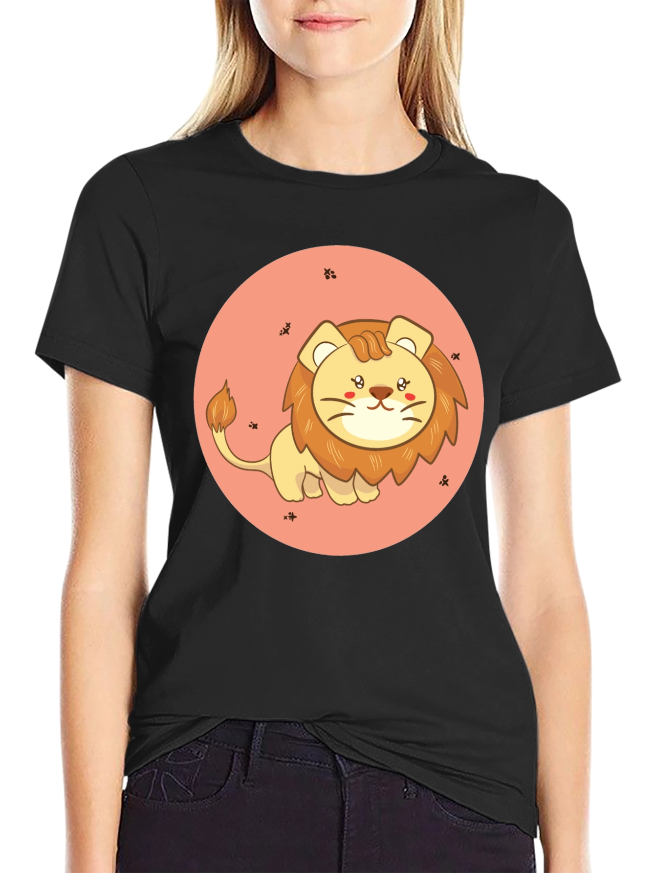 Cute Cartoon Lion Black T-Shirt