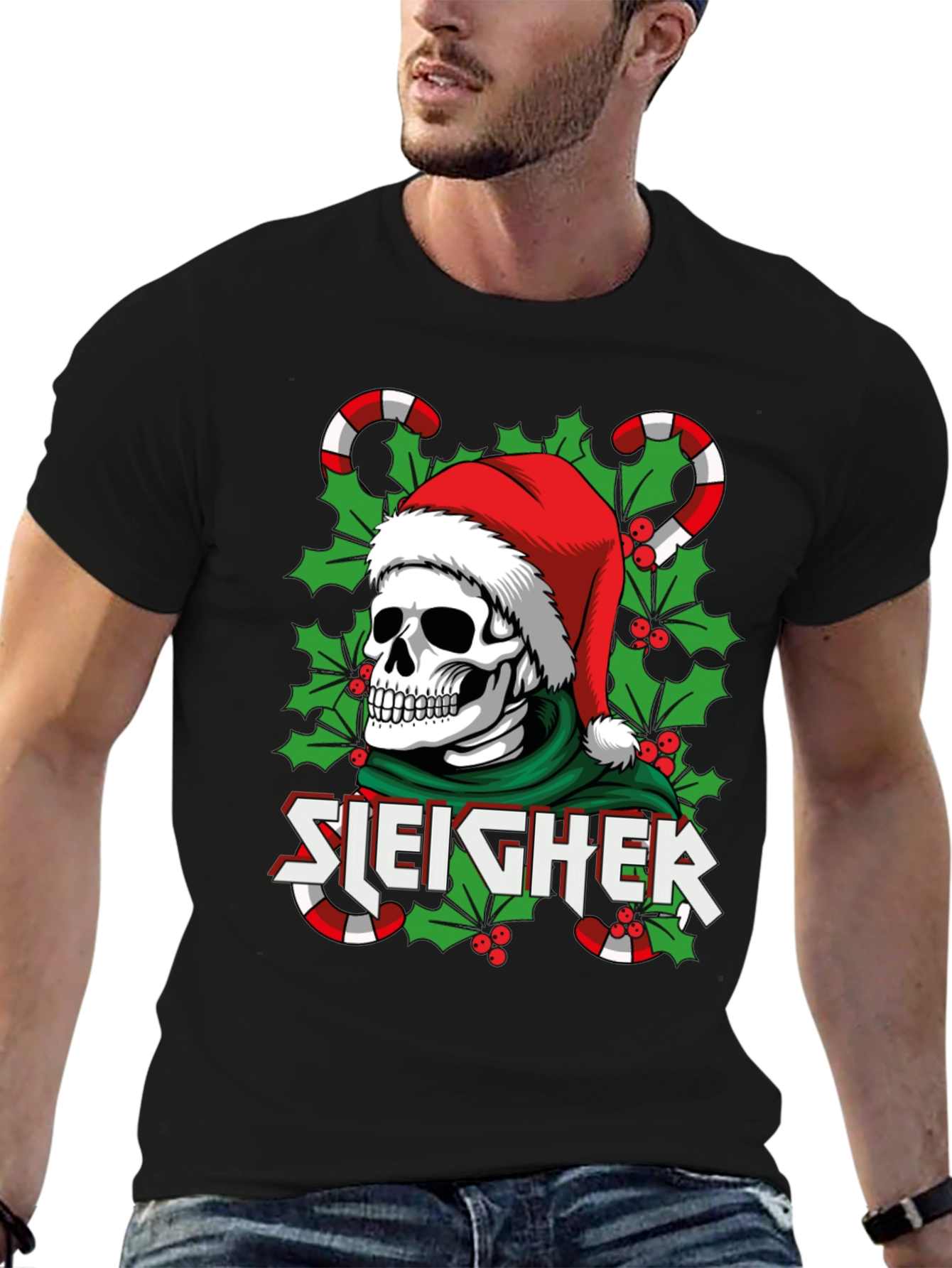Sleigher Skull Santa Holiday T-Shirt