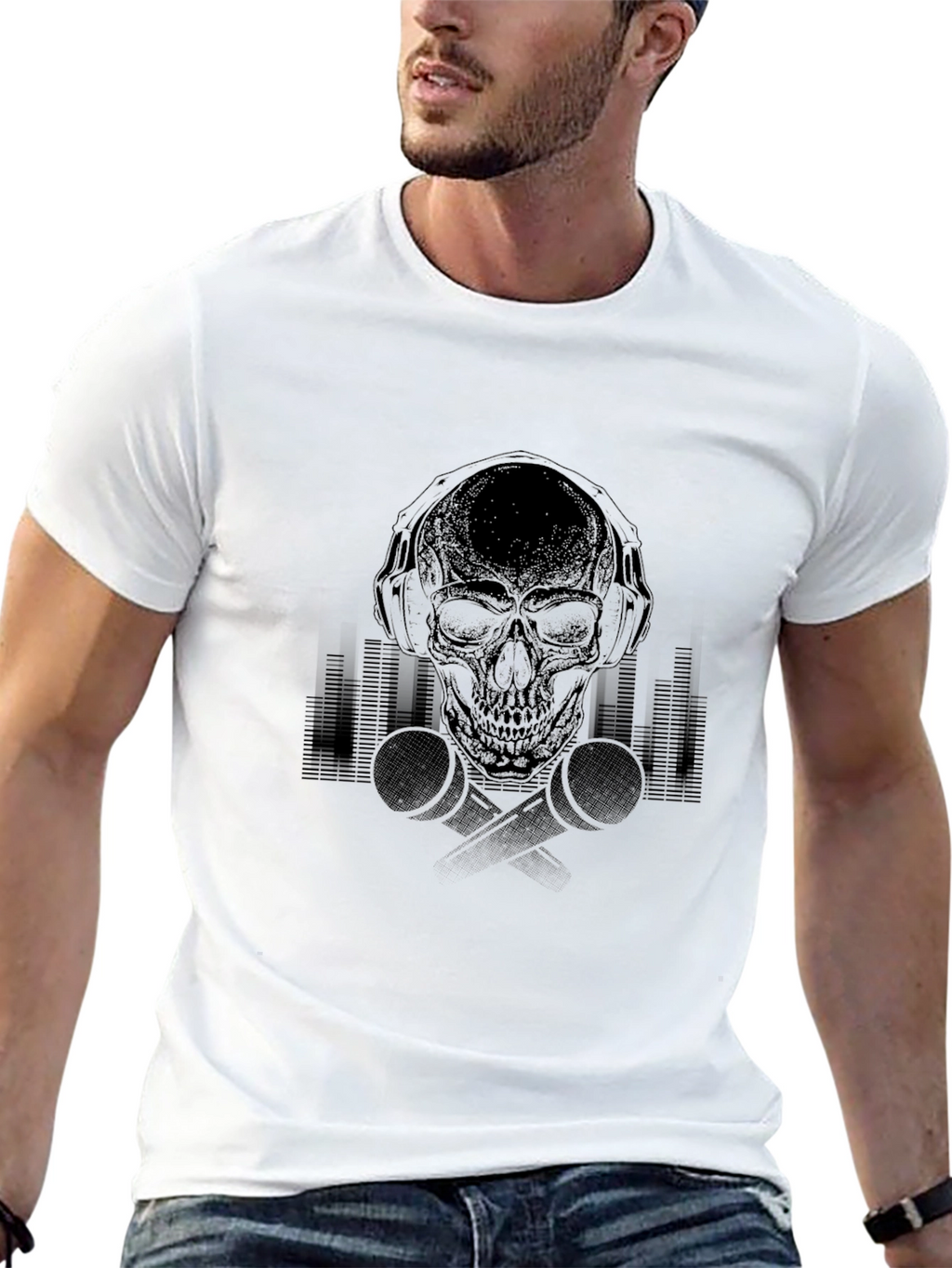 Skull with Headphones Graphic Tee - Black