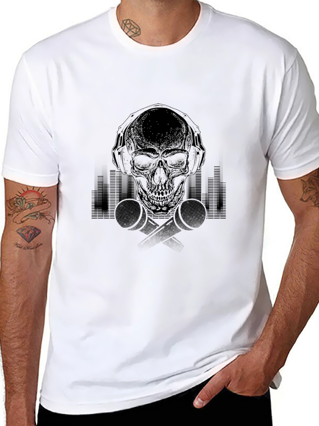 Skull with Headphones Graphic Tee - Black