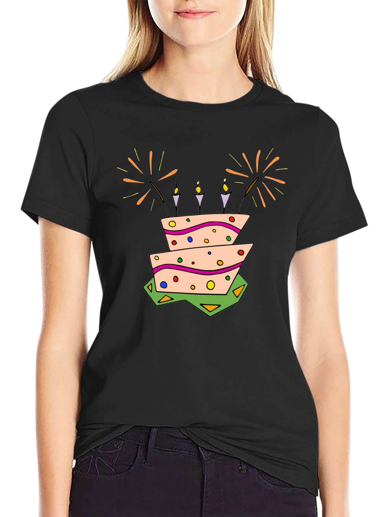 Birthday Cake Graphic Tee - Black Cotton T-Shirt