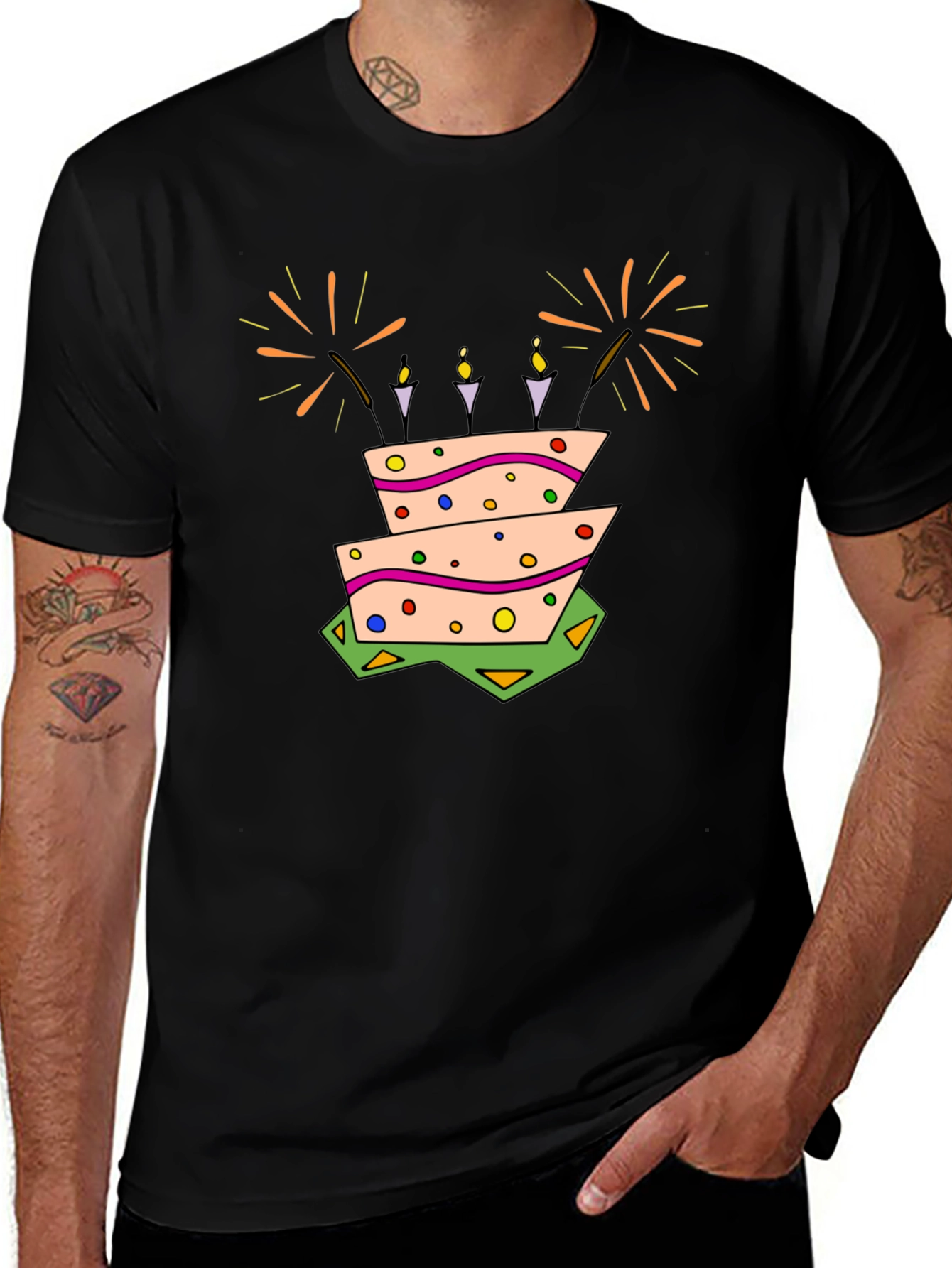 Birthday Cake Graphic Tee - Black Cotton T-Shirt