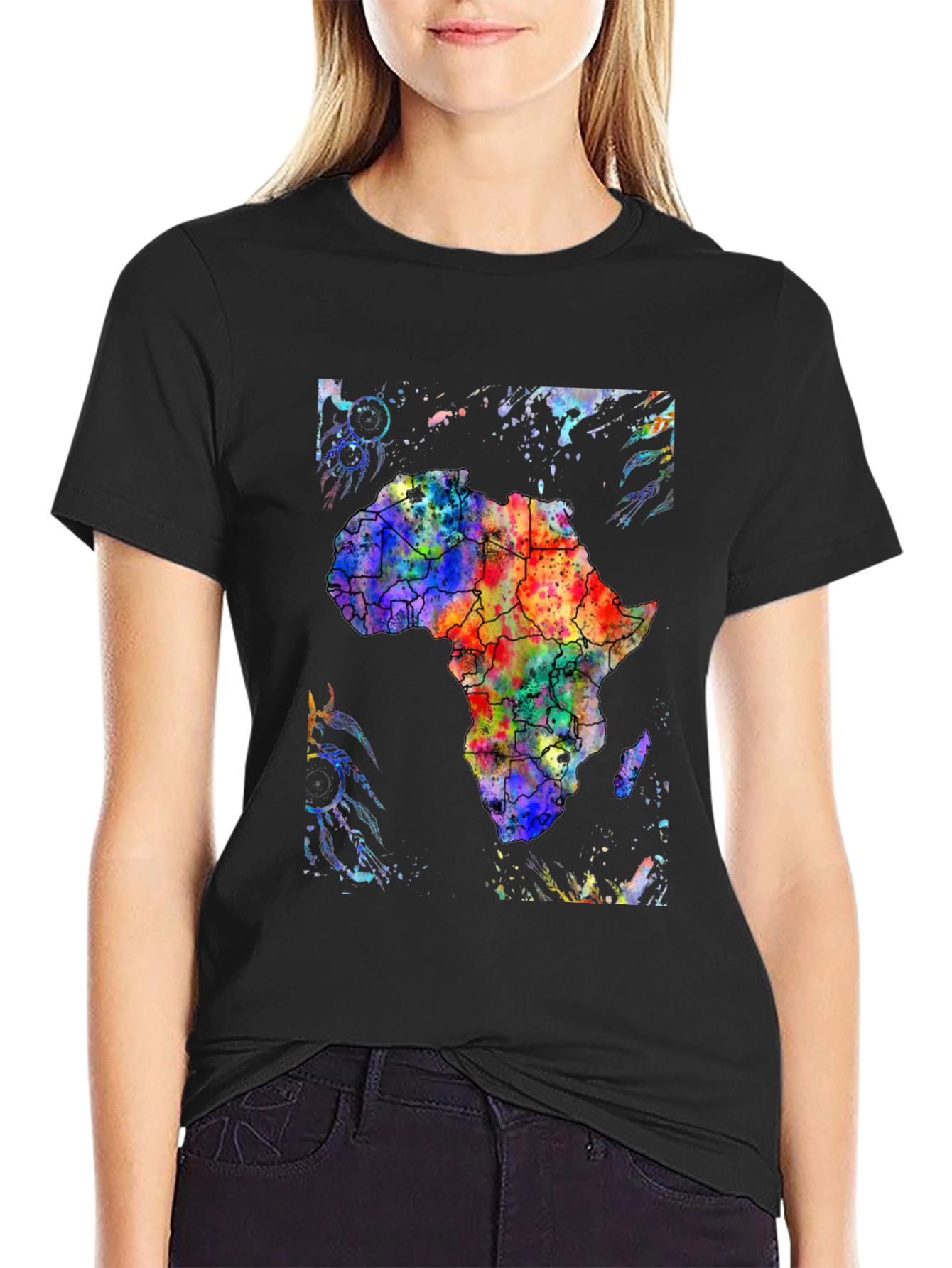 Africa Continent Watercolor Map Black T-Shirt
