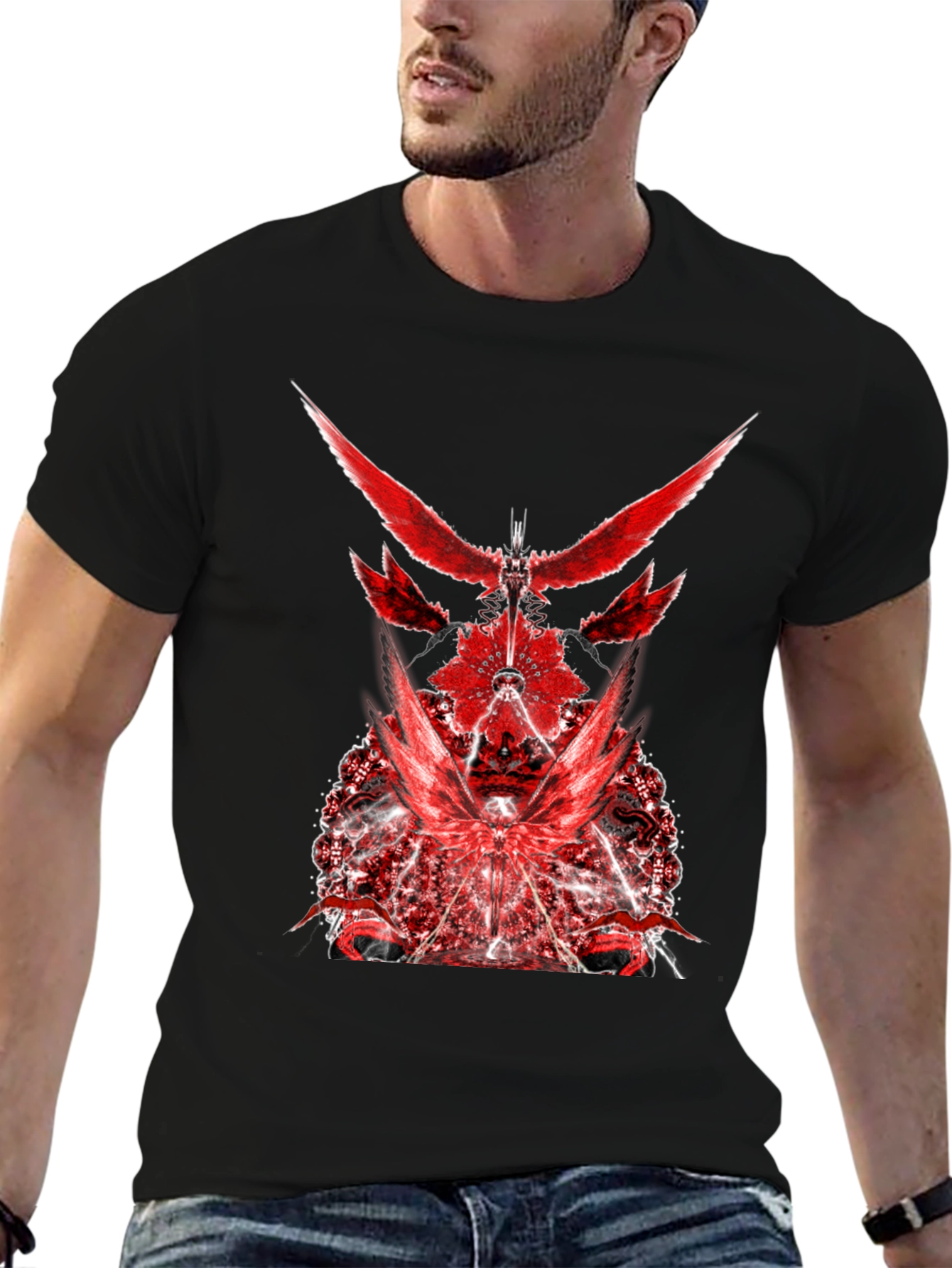 Red Graphic Print Black T-Shirt