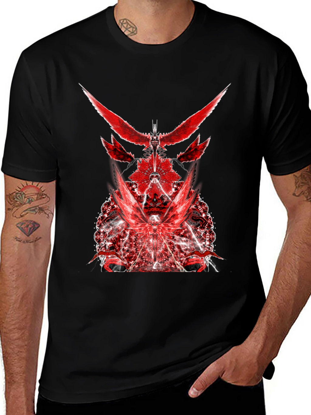 Red Graphic Print Black T-Shirt