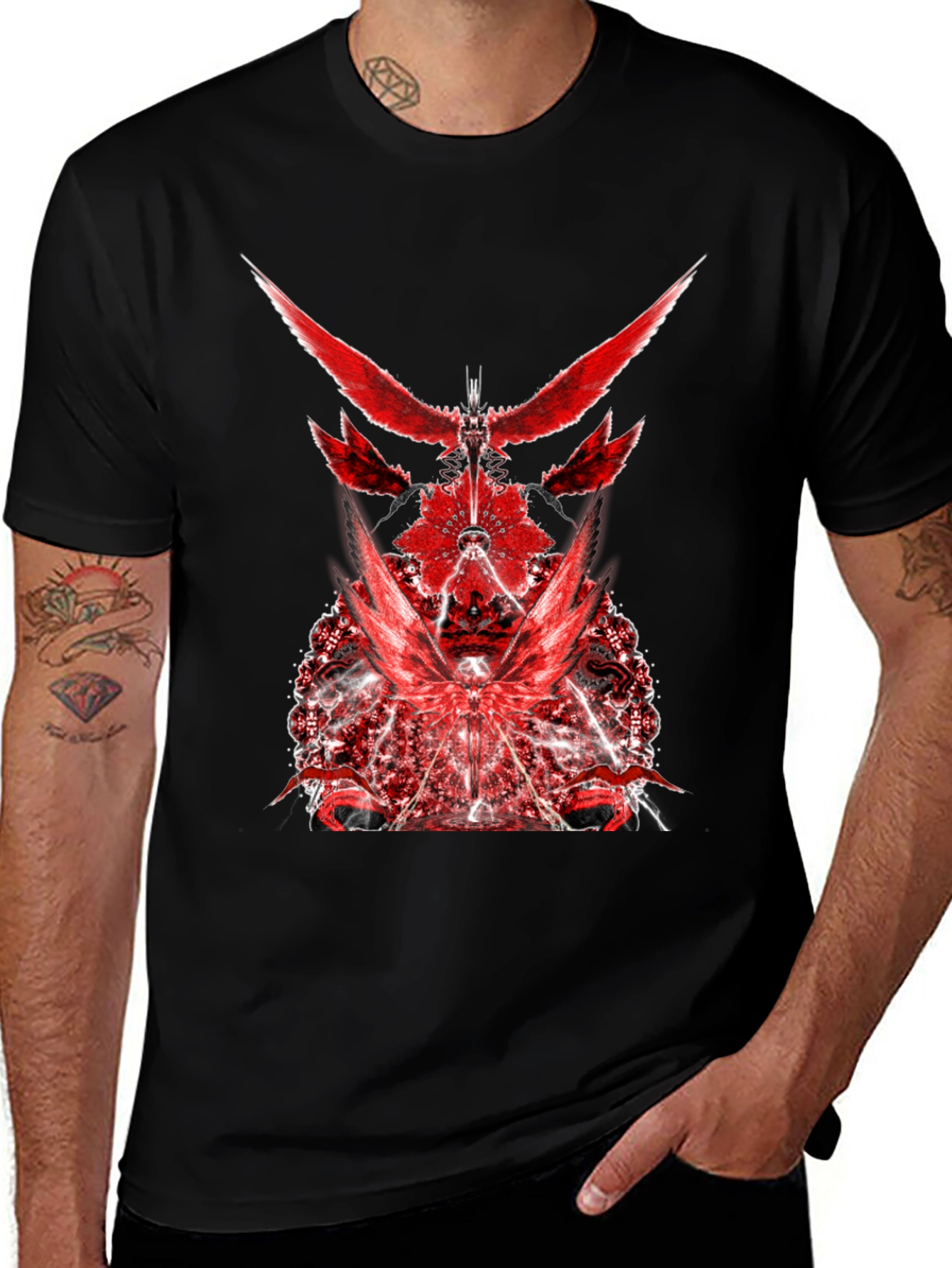 Red Graphic Print Black T-Shirt