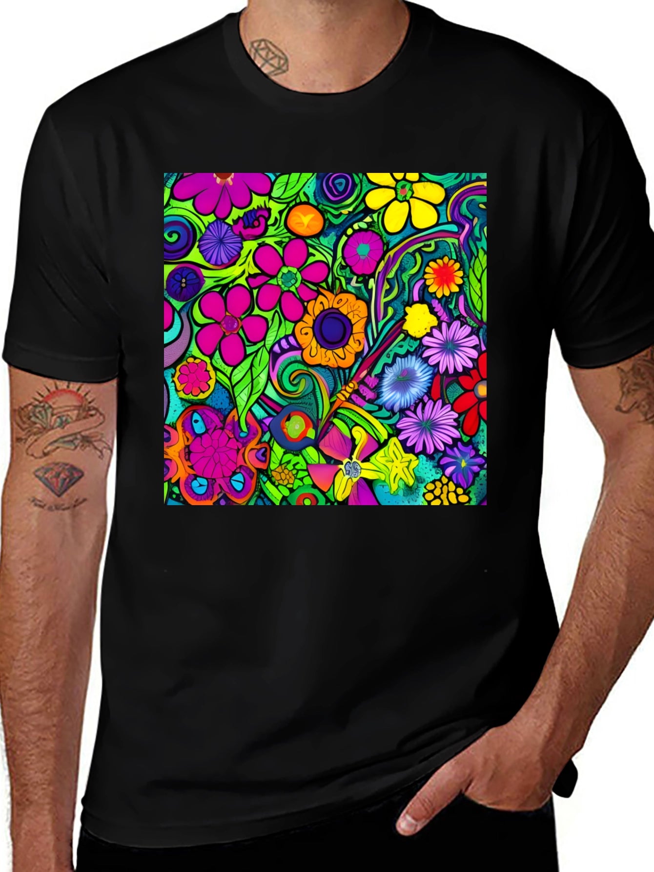 Vibrant Floral Pattern Black T-Shirt