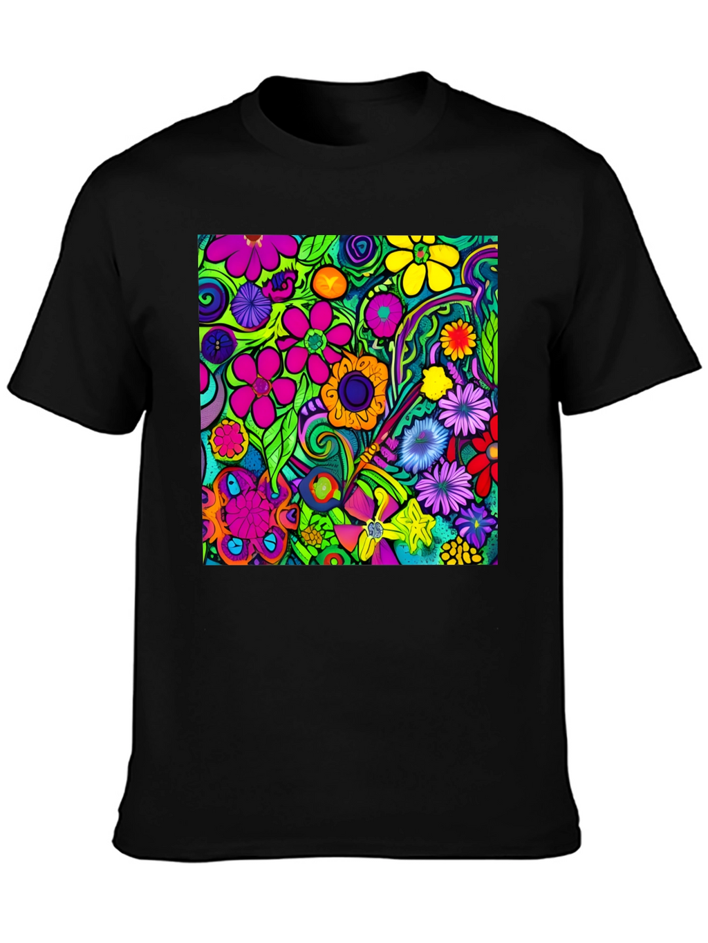 Vibrant Floral Pattern Black T-Shirt