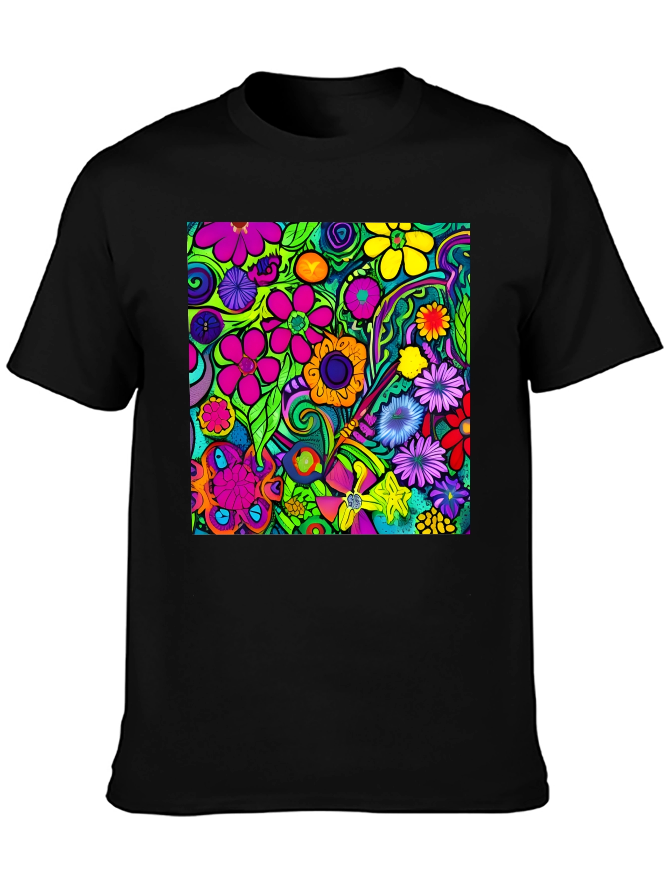Vibrant Floral Pattern Black T-Shirt