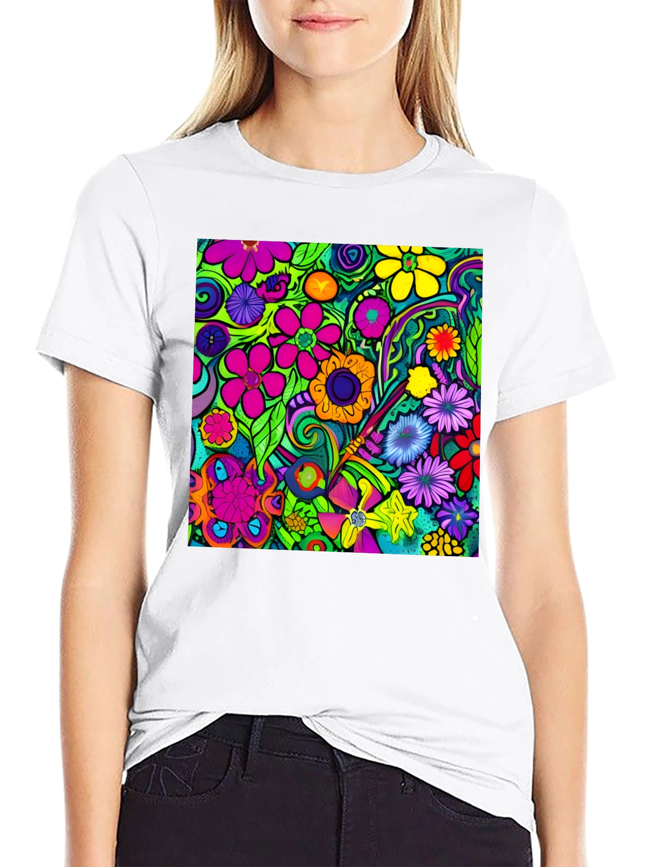 Vibrant Floral Pattern Black T-Shirt