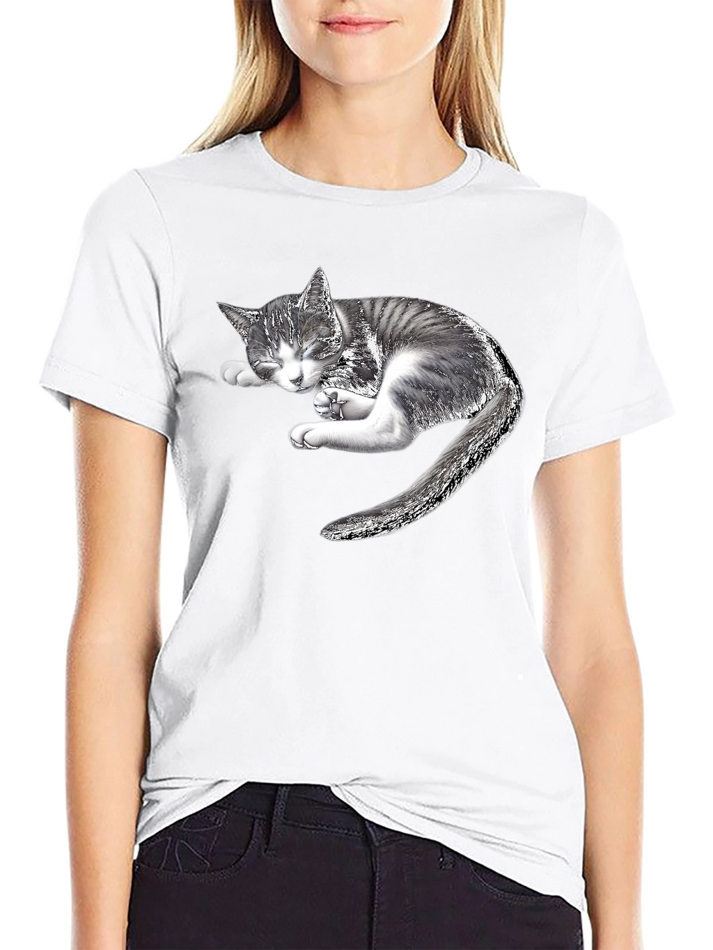 Sleeping Kitten Graphic Black T-Shirt