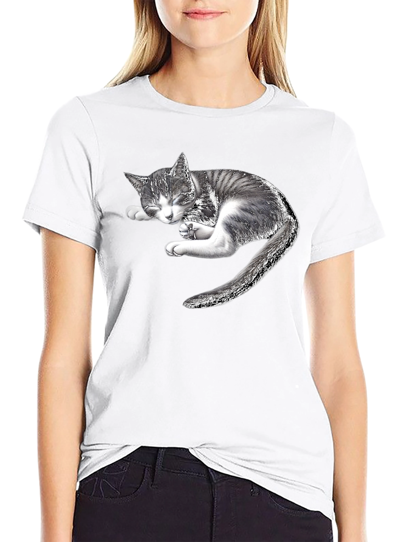 Sleeping Kitten Graphic Black T-Shirt