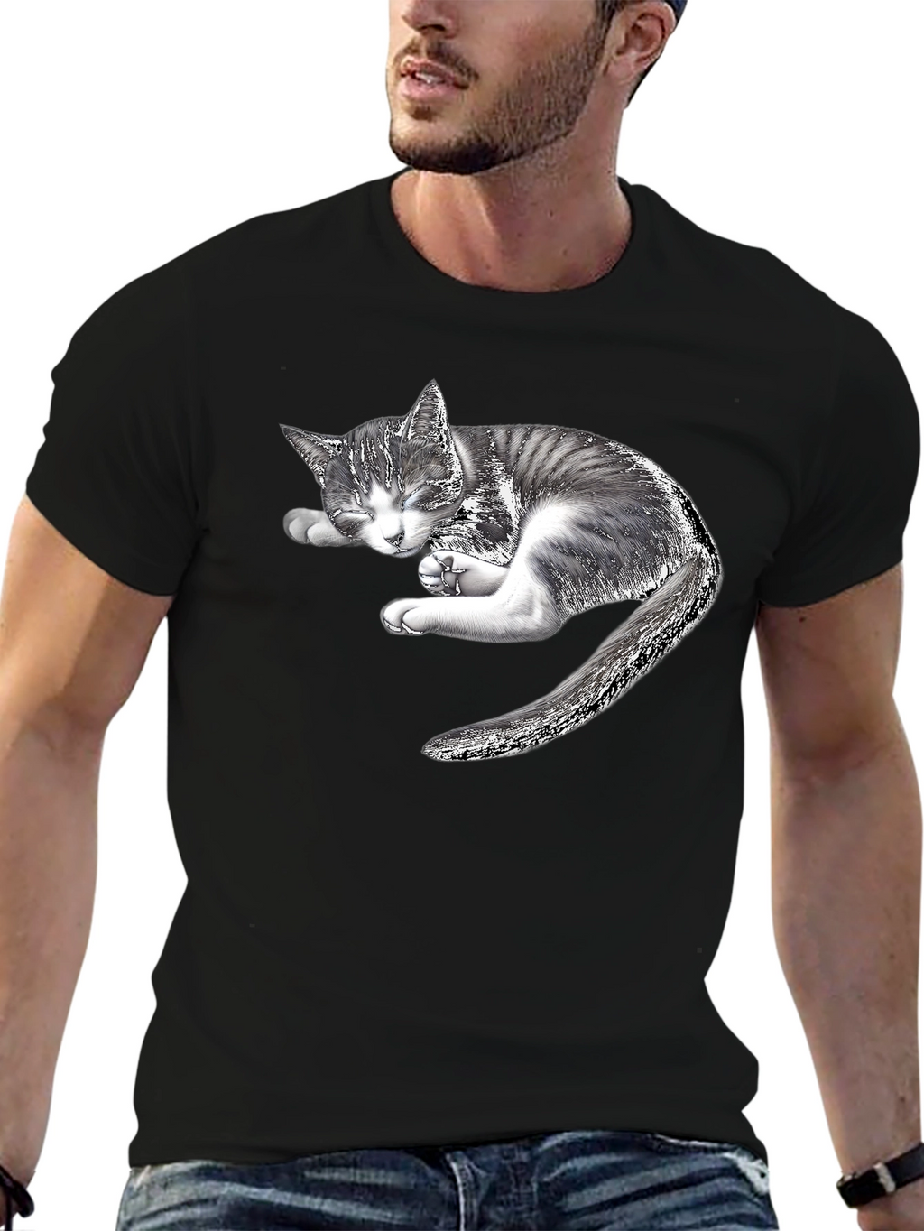 Sleeping Kitten Graphic Black T-Shirt