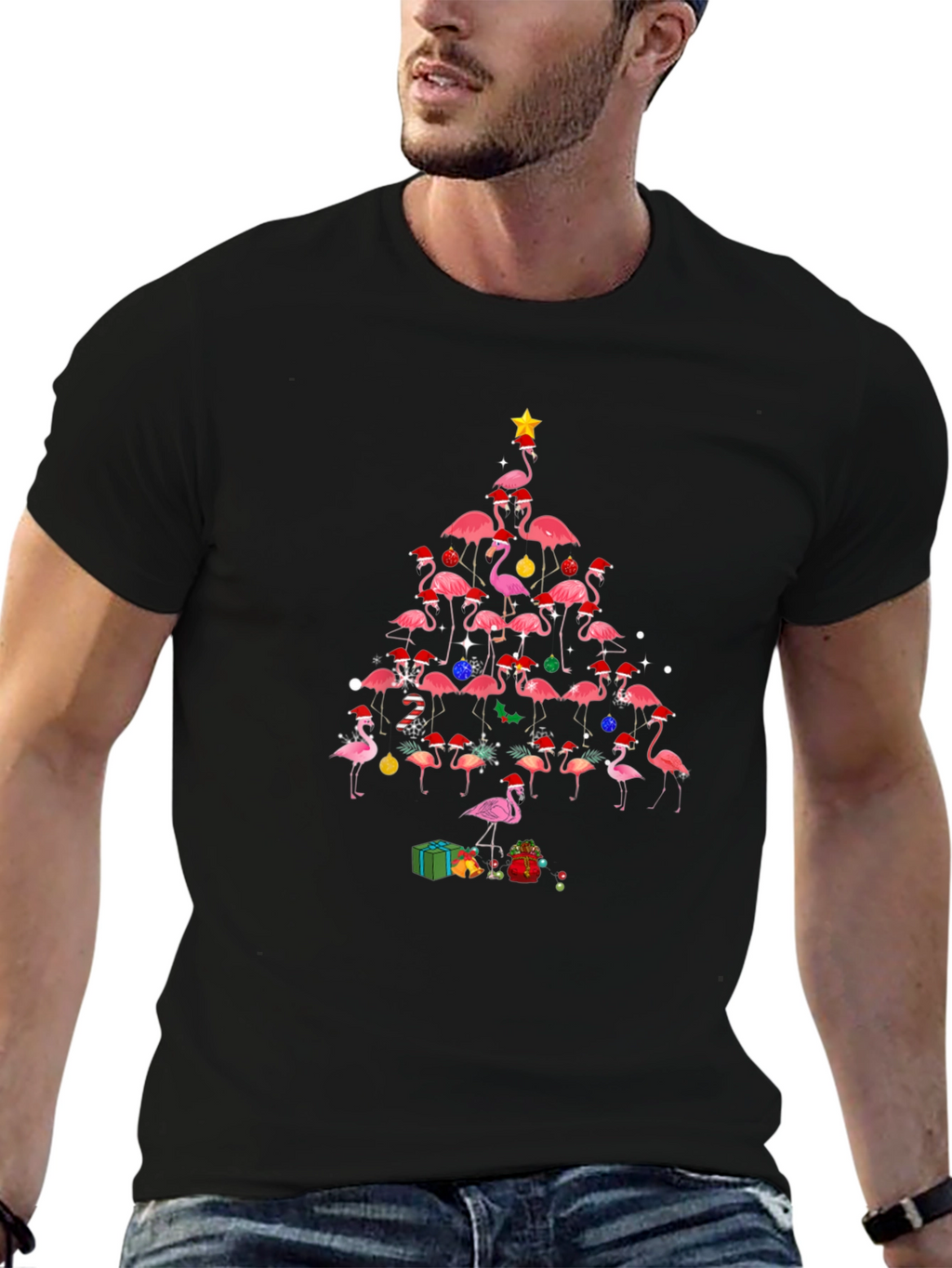 Flamingo Christmas Tree Graphic T-Shirt