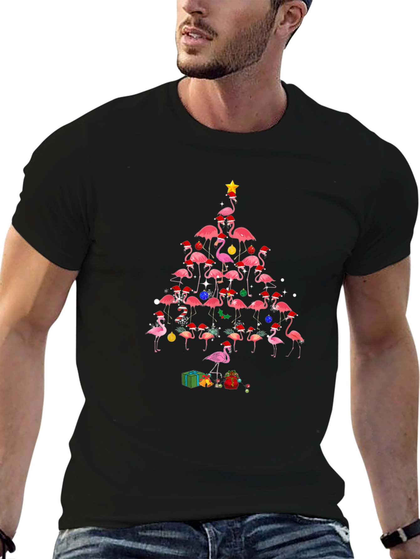Flamingo Christmas Tree Graphic T-Shirt