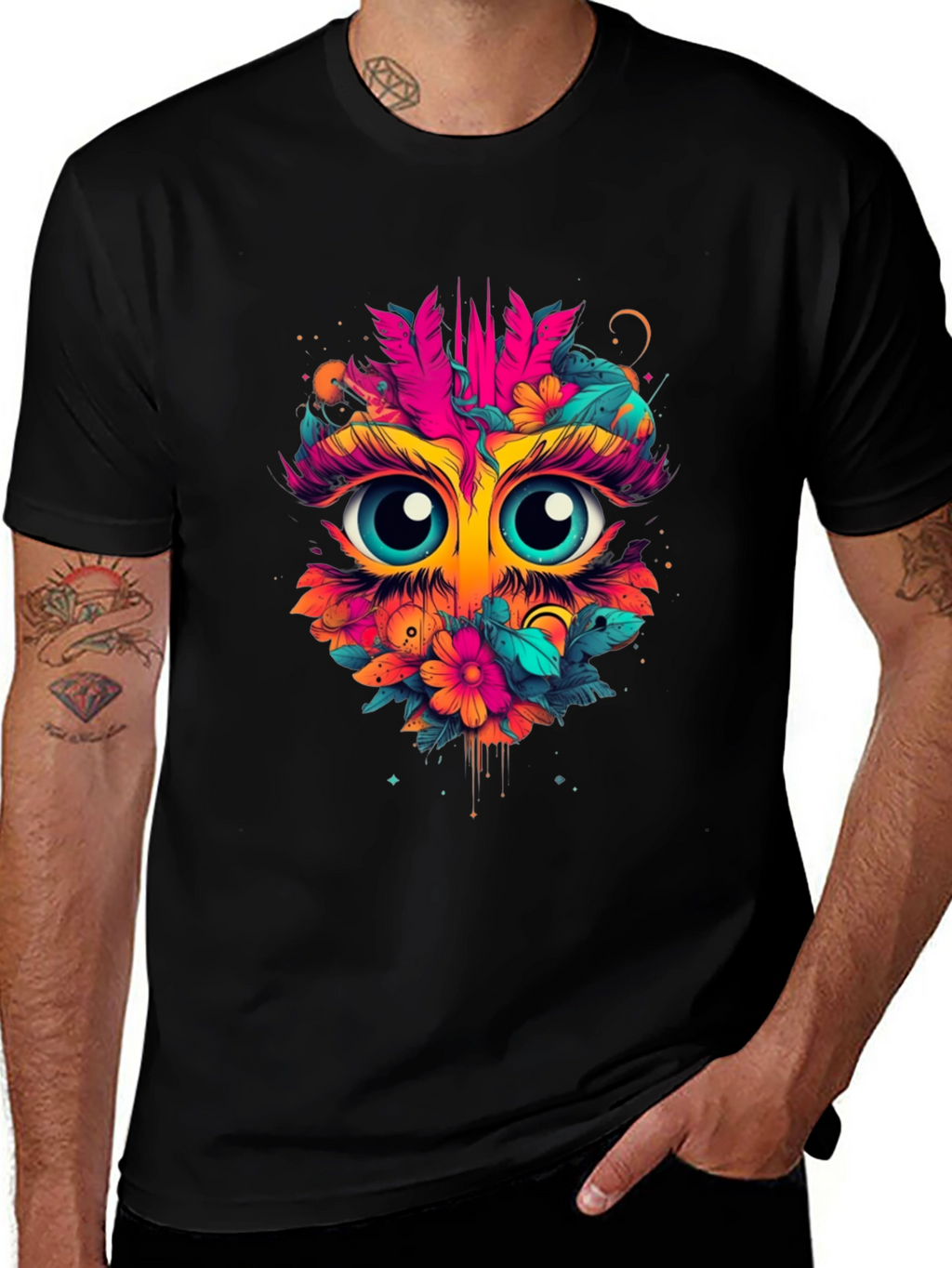 Eye-Catching Floral Owl Graphic Tee - Black