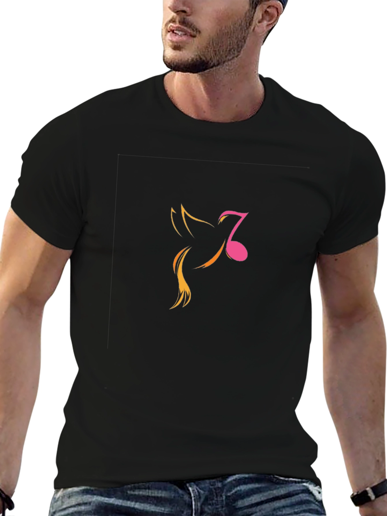 Mens Black Graphic Tee - Music Note Bird Design