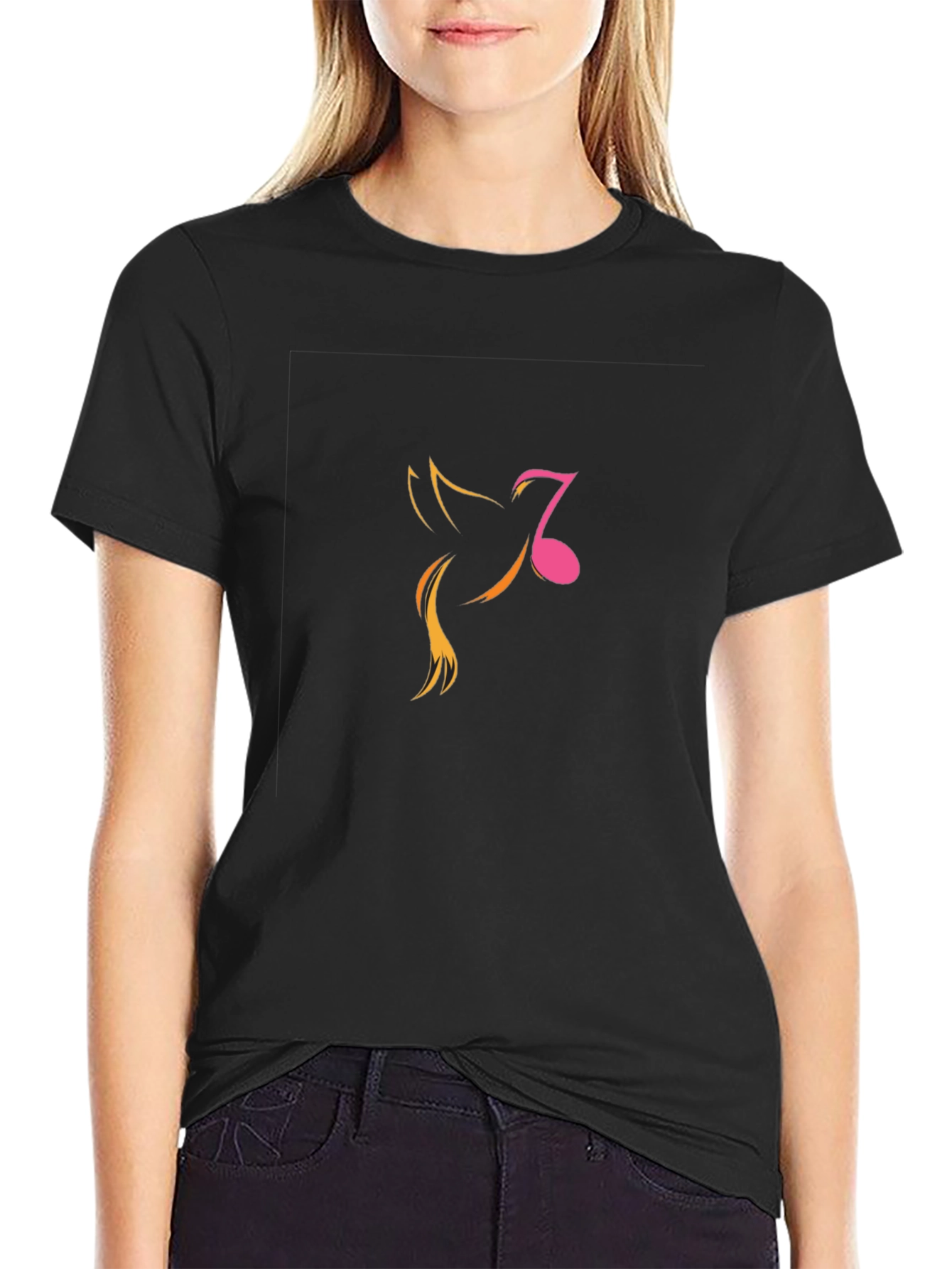 Mens Black Graphic Tee - Music Note Bird Design