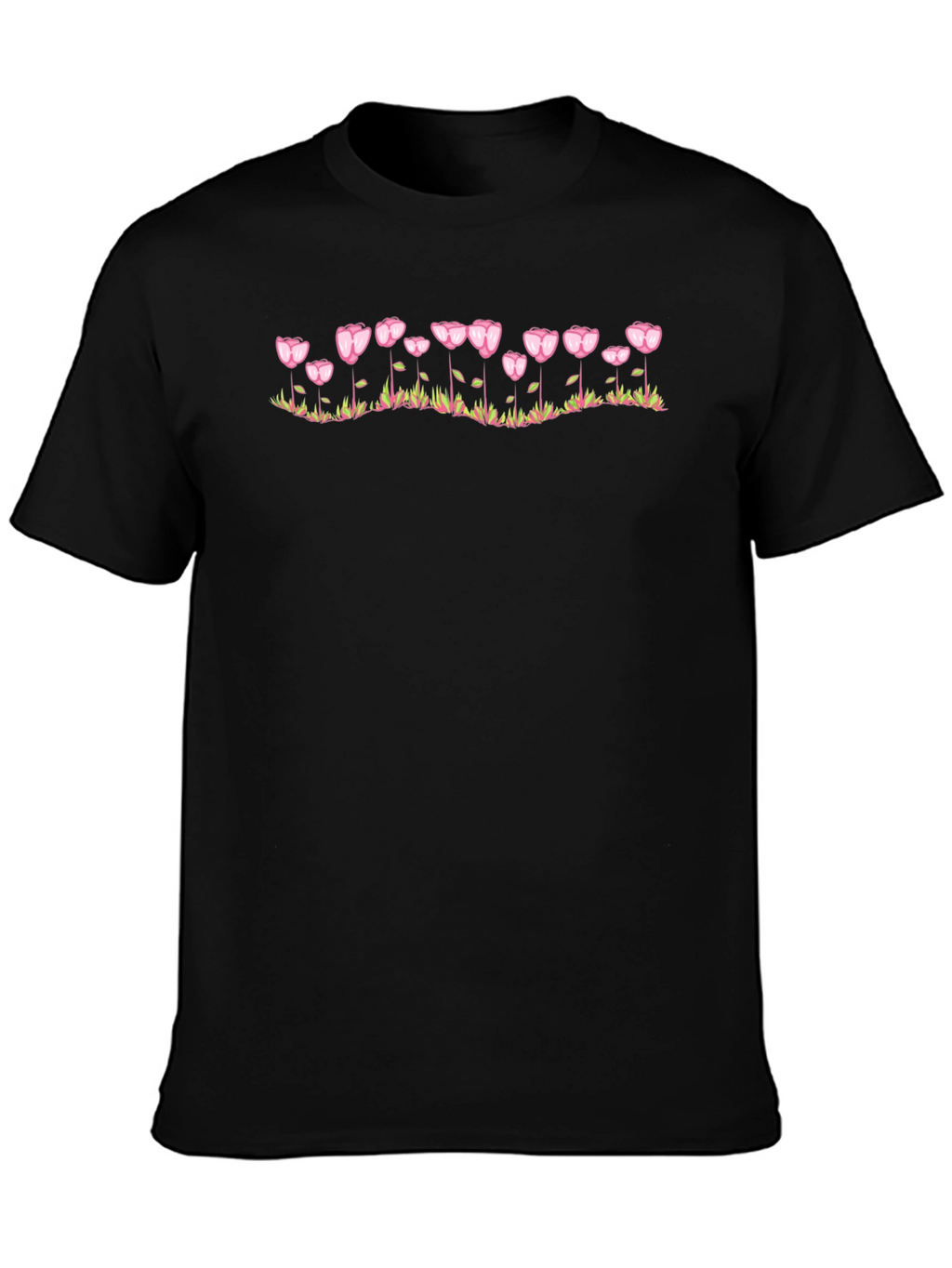 Floral Heart Tulip Graphic Black T-Shirt