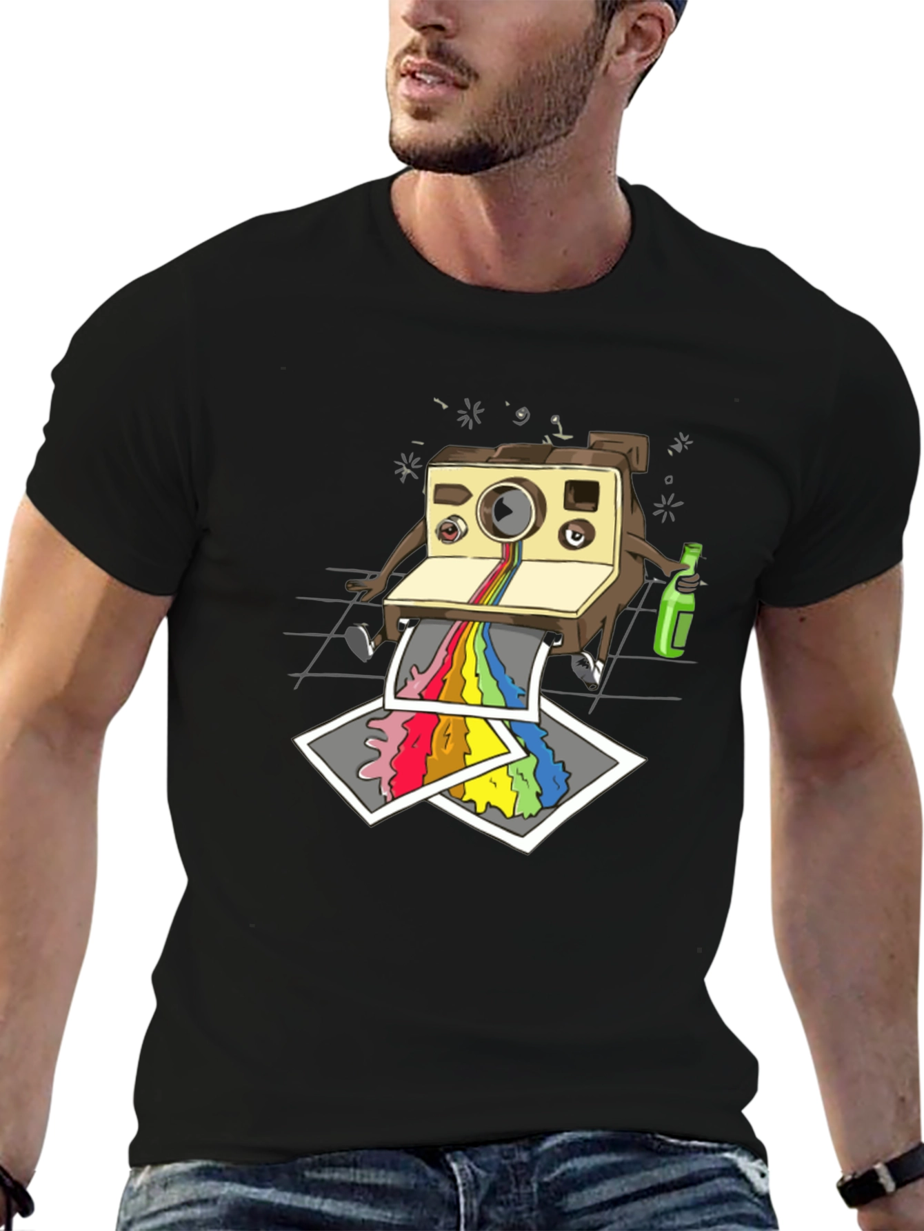 Retro Camera Rainbow Print Black T-Shirt