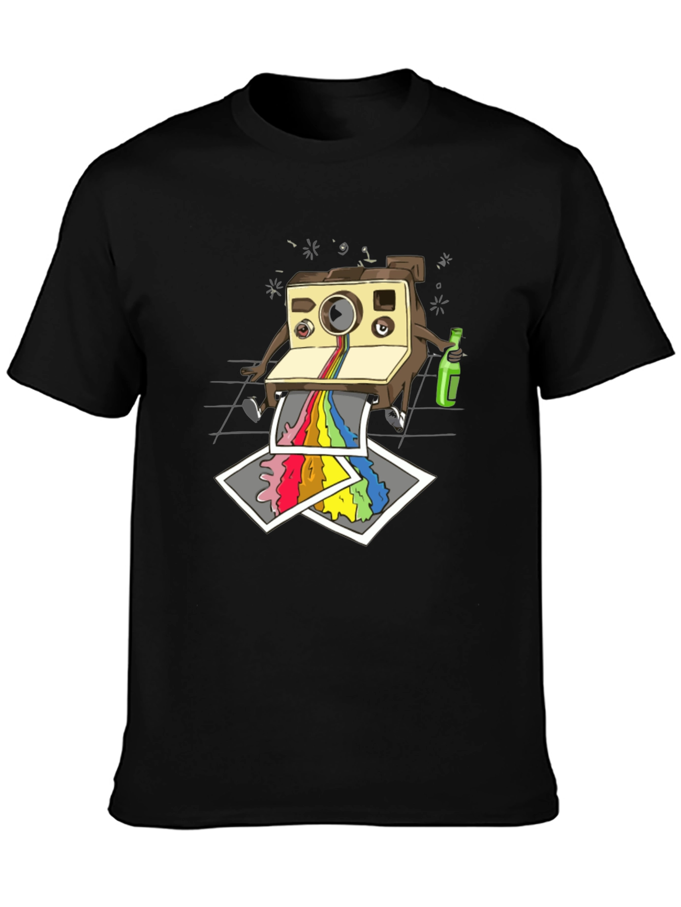 Retro Camera Rainbow Print Black T-Shirt