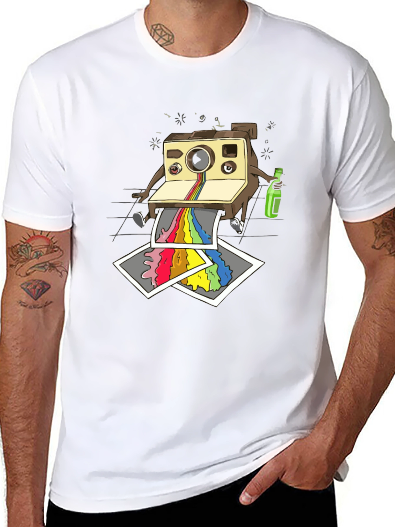 Retro Camera Rainbow Print Black T-Shirt
