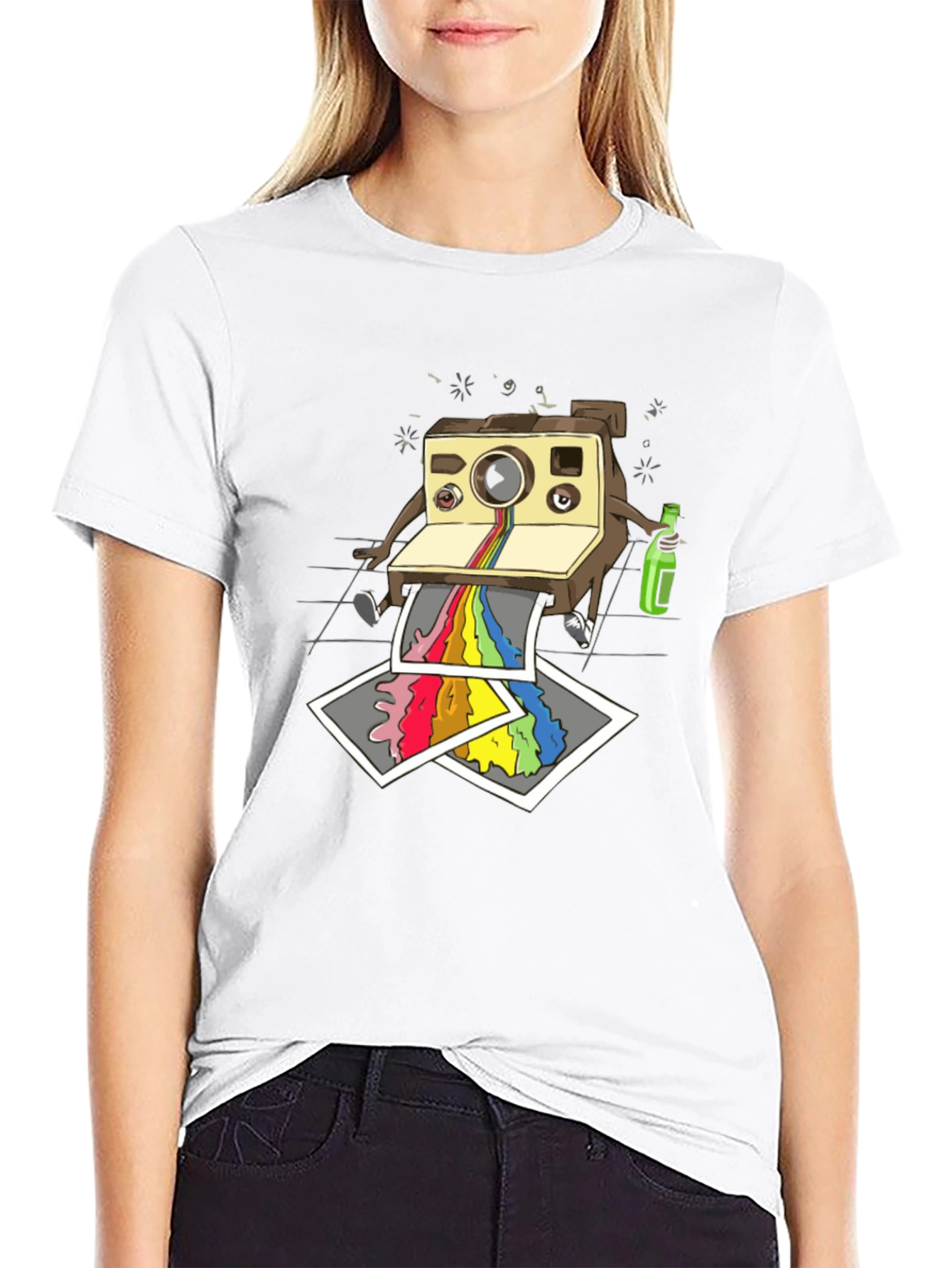 Retro Camera Rainbow Print Black T-Shirt