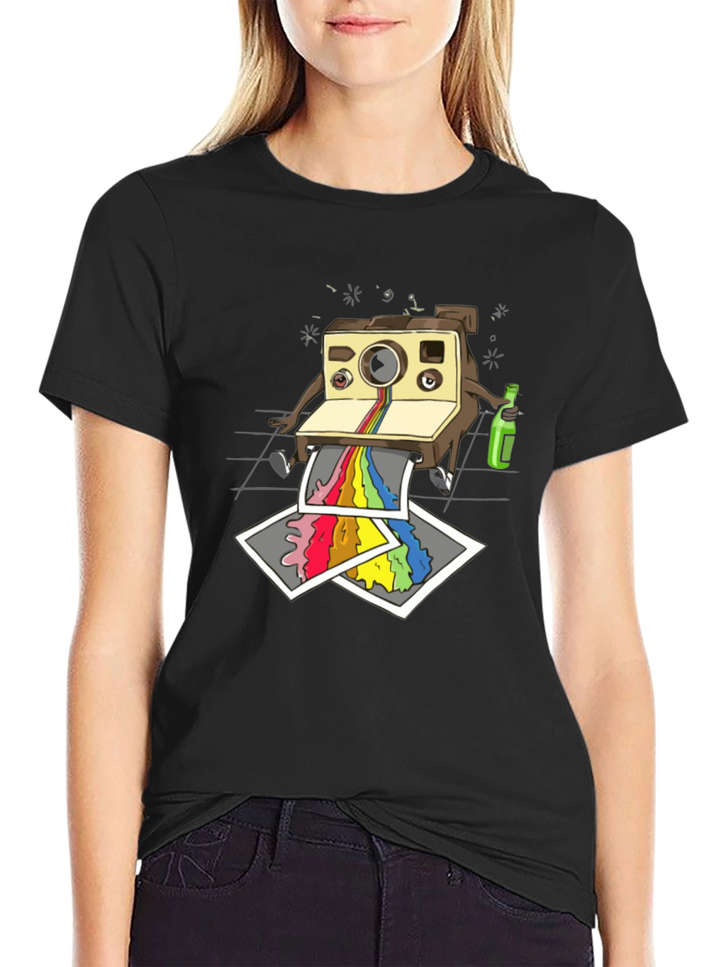 Retro Camera Rainbow Print Black T-Shirt