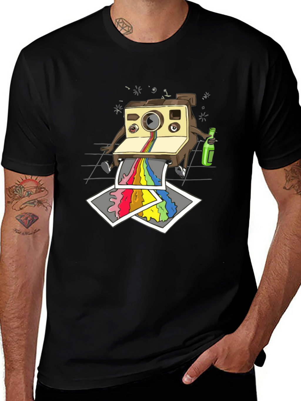 Retro Camera Rainbow Print Black T-Shirt