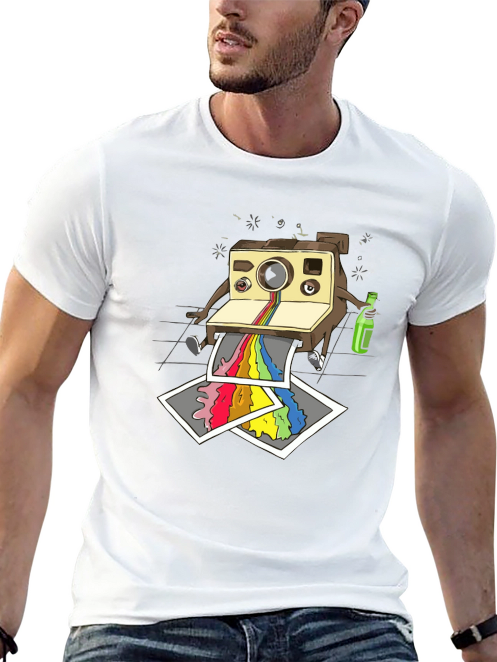 Retro Camera Rainbow Print Black T-Shirt