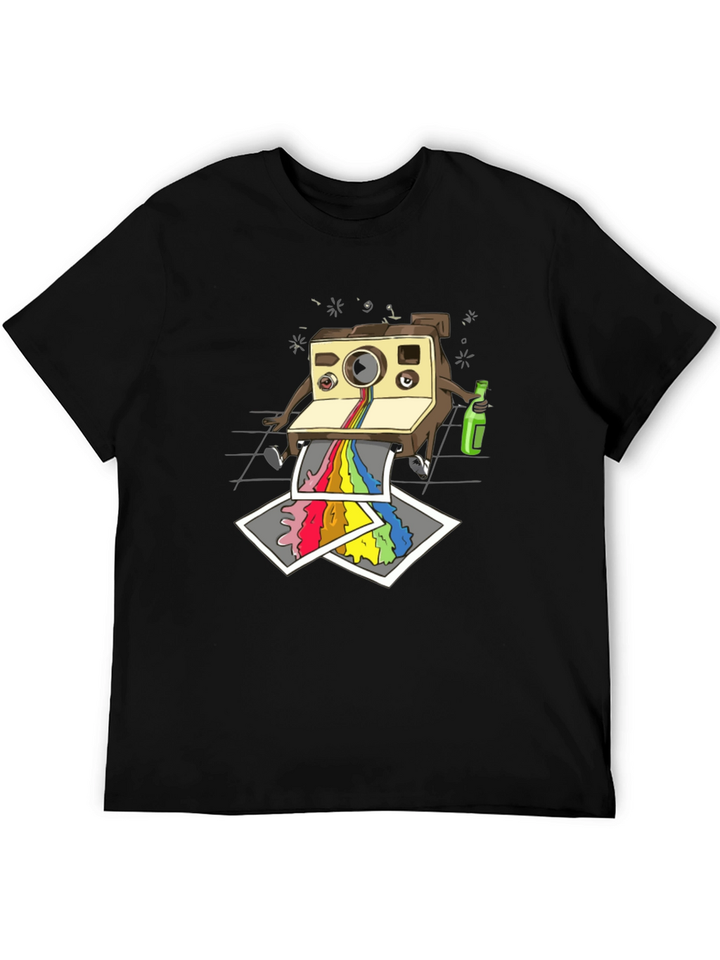 Retro Camera Rainbow Print Black T-Shirt